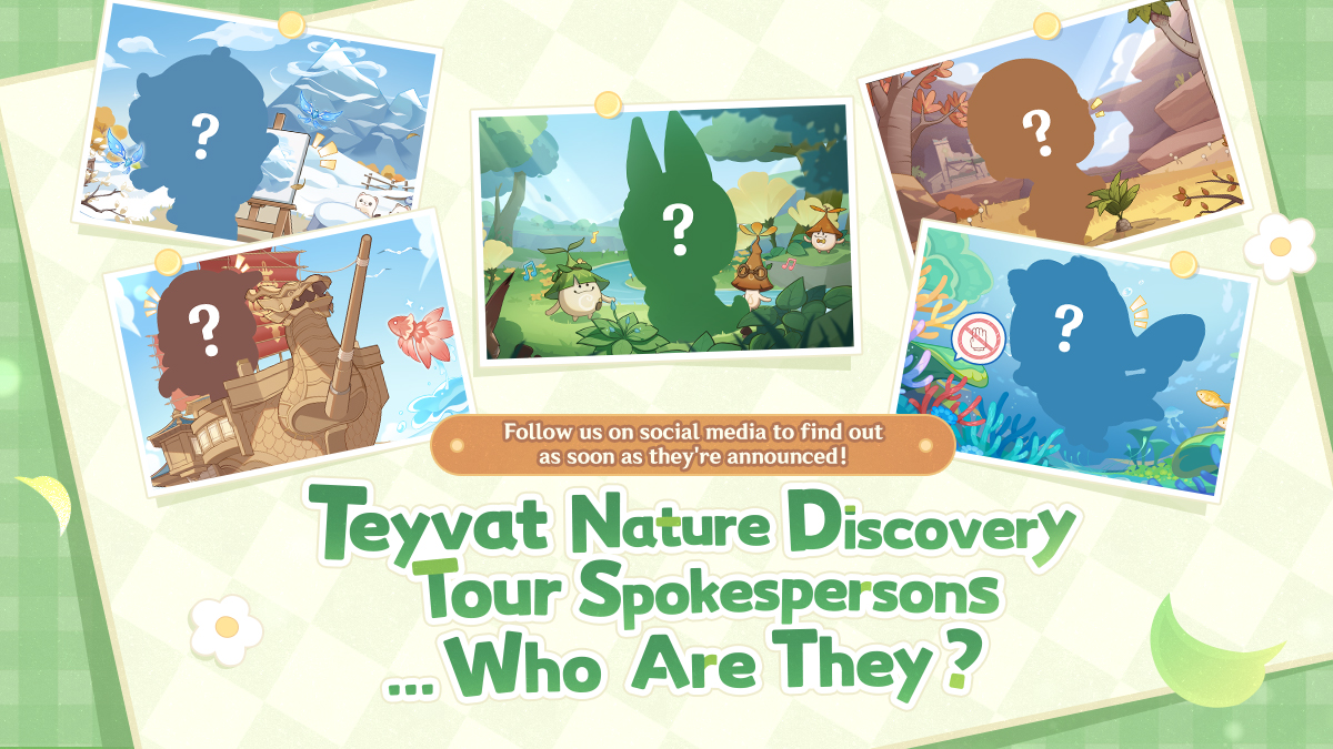 GenshinImpact's tweet photo. "Genshin Impact X Discovery" Nature Benefit Collaboration  Spokespersons Teaser
#TeyvatDiscovery #Genshin4Good #GenshinImpact

Travelers, explore Teyvat and discover nature side-by-side with five companions. Can you guess who they are?
50 Travelers who leave their guesses by sharing this post with the hashtags #TeyvatDiscovery and #Genshin4Good will be randomly chosen to receive a merchandise prize!

View Details:
https://t.co/PrNoCzstEv