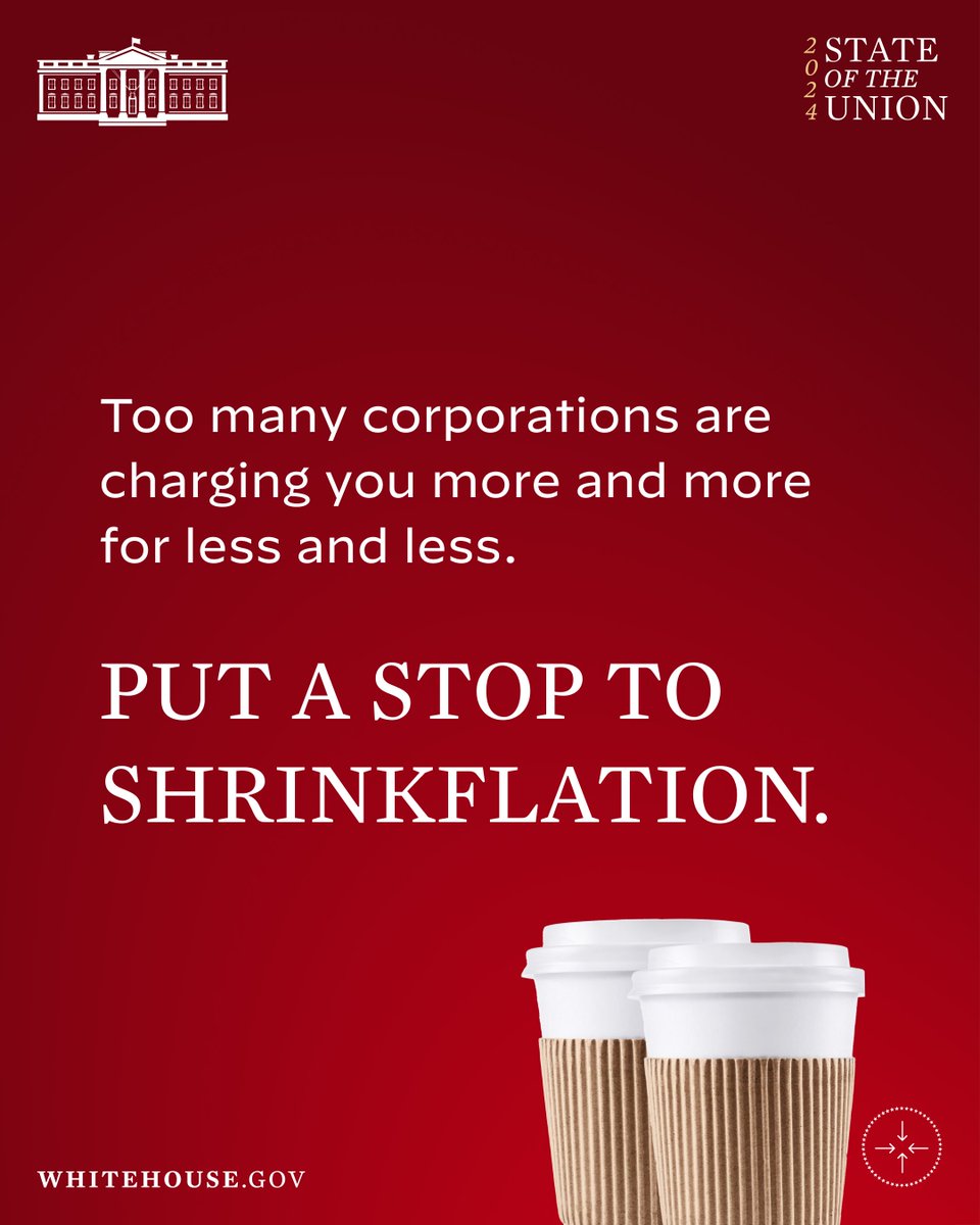 Too many corporations raise their prices to pad their profits – charging you more and more for less and less. 
 
President Biden is calling on Congress to pass a bill ending shrinkflation.