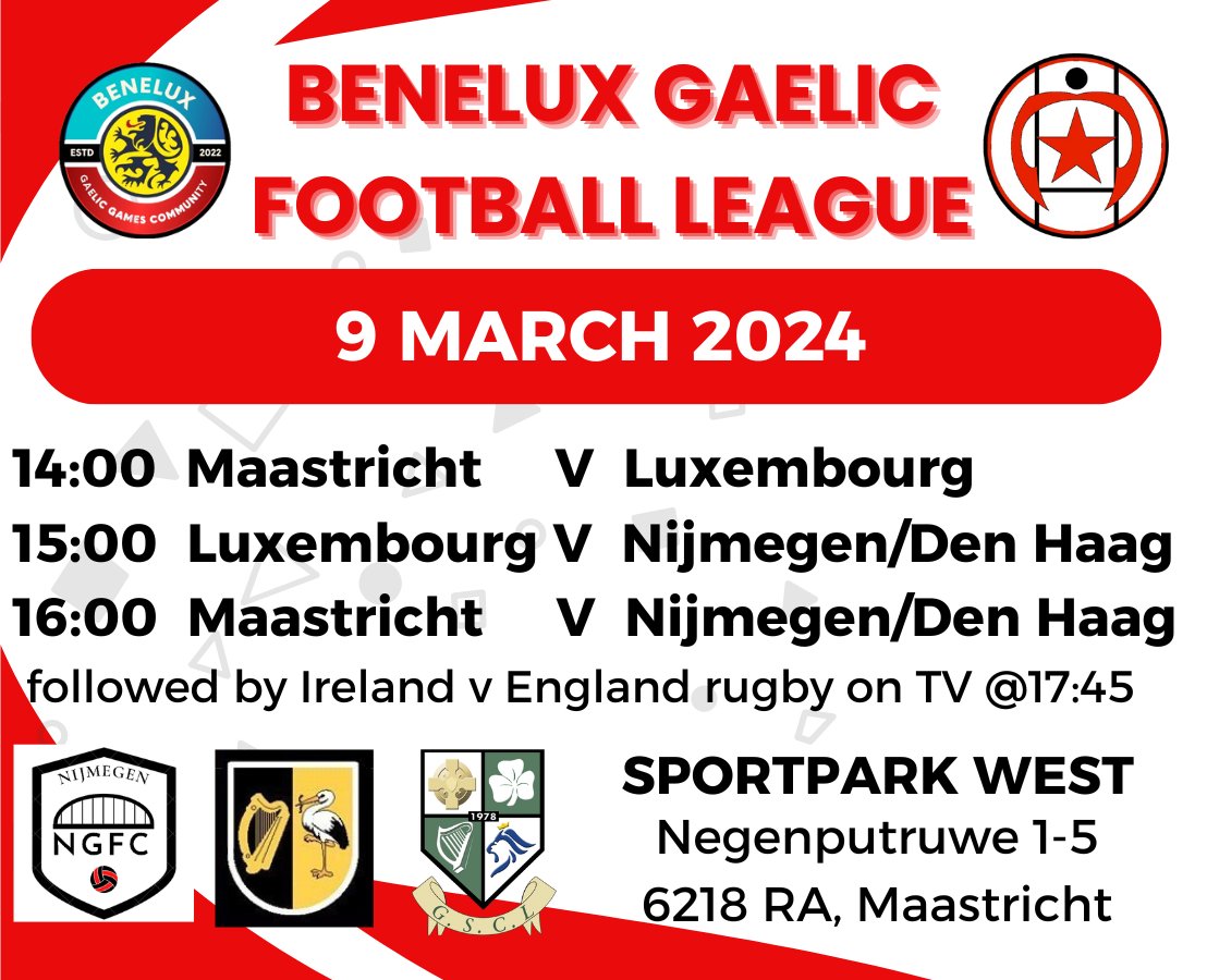 MaastrichtGaels's tweet photo. Benelux GAA season kicks-off this weekend with three 15s football games hosted by Maastricht Gaels at Sportpark West Maastricht followed by Ireland v England rugby on TV.
#Nijmegengfc @denhaaggaa #LuxGAA #MUSST #WorldGAA #GAABelong @officialgaa @GaelicGamesEuro @johnmullins2 https://t.co/iz7g8OrfC9