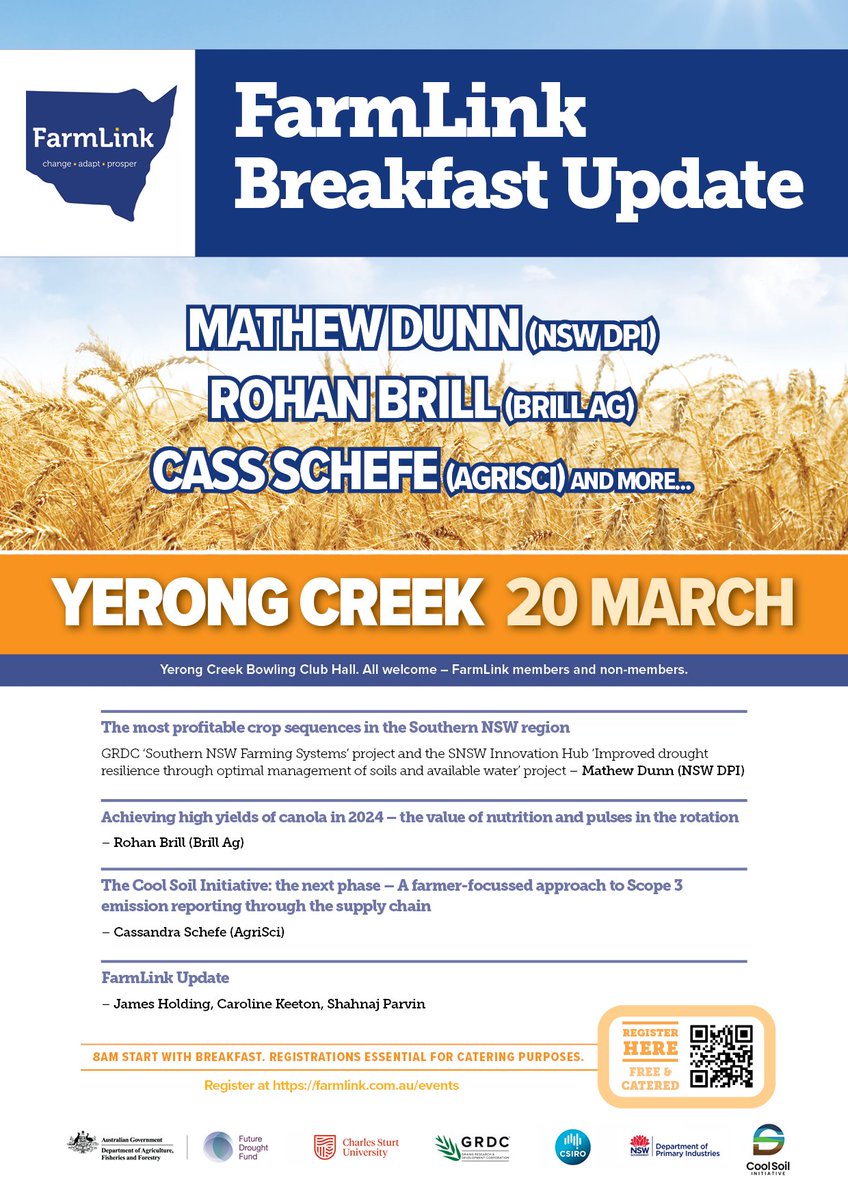 Register now for FarmLink Breakfast Updates.
All welcome. Temora 19 March, Yerong Creek 20 March.

Expert presenters:  John Kirkegaard @CSIRO, Mathew Dunn @nswdpi, @WarwickBadgery NSW DPI, Rohan Brill @brill_ag and @CassandraSchefe AgriSci.  

Covering topics including: 
•