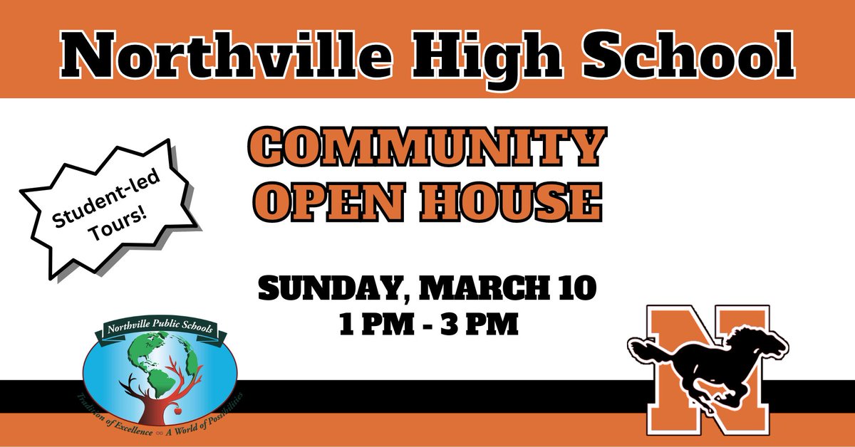 NorthvilleEDU's tweet image. Explore Northville High School this Sunday, March 10, 1-3pm! Student-led tours showcasing our top-rated academics, athletics, and more! Don't miss out! 

@nhsstangs1 #NPSWorldofPossibilities #CommunityOpenHouse #Northville