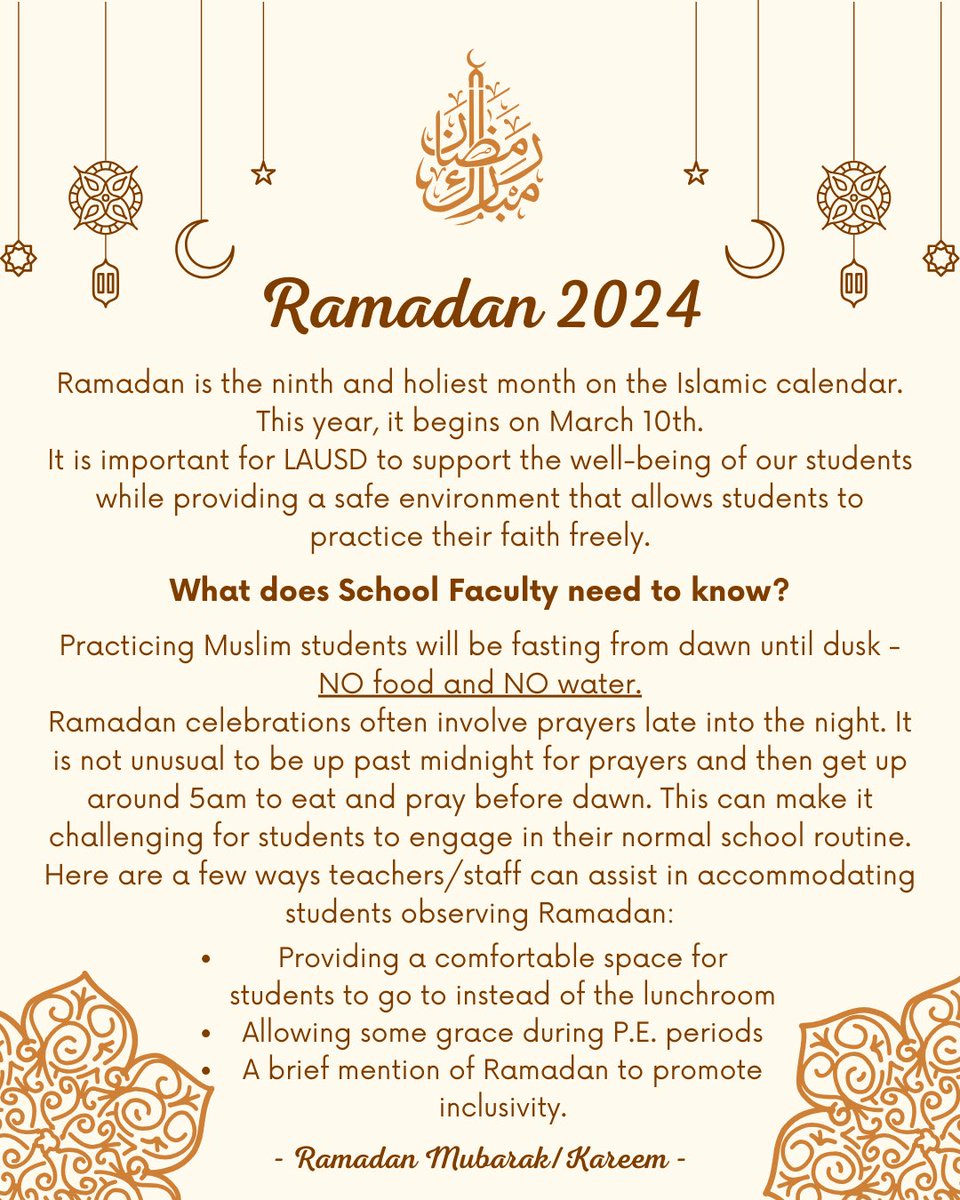 Happy Ramadan to all of our Muslim students, families, teachers, and staff! Here is some of the history behind Ramadan, as well as a few useful tips for supporting students during this time. ✨Ramadan Mubarak✨