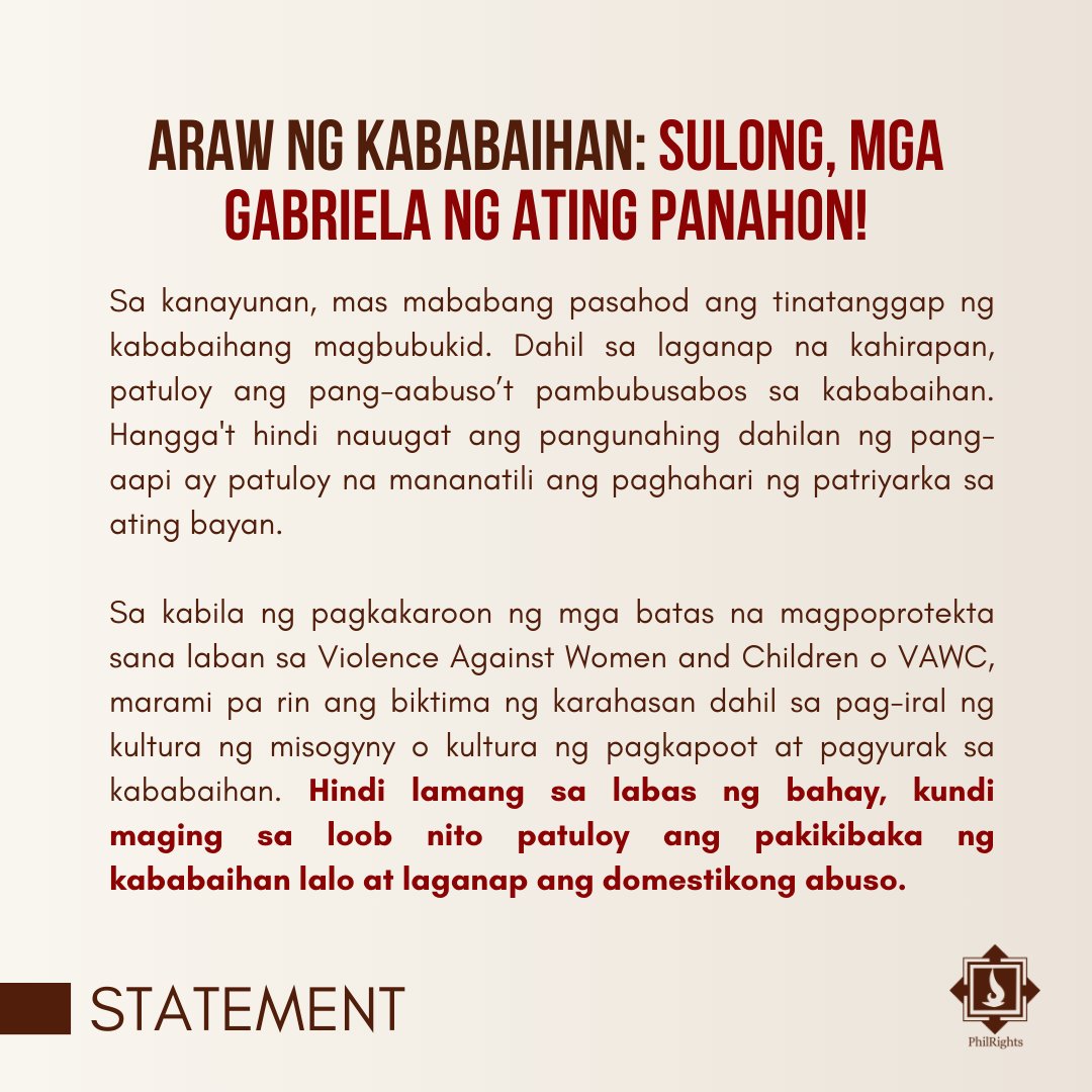 philrights's tweet photo. STATEMENT: Ang Pandaigdigang Araw ng Kababaihan ay isang paalala sa kabayanihan ng mga kababaihan, at ang pakikipaglaban para sa kanilang karapatan ay kailangan sa paglikha ng isang makatarungan at makataong lipunan. #IWD2024 #IWWD2024 #DefendFilipinoWomen https://t.co/VfGosSD3kS