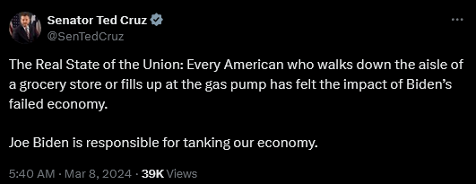 Jinan_Syria's tweet photo. 🚨 Senator Ted Cruz is posting right now a harsh critique to president #Biden during his State of the Union speech !!
#StateOfTheUnion
#UnionAddress
#TedCruz https://t.co/Rsql80ig09