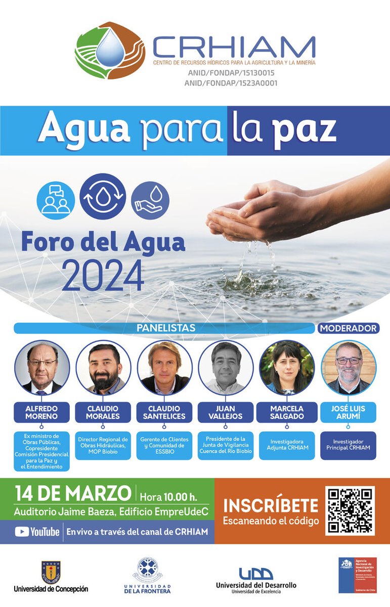 FORO DEL AGUA EN CONCEPCIÓN. El Centro de Recursos Hídricos para la Agricultura y la Minería (CRHIAM), invita a participar en el “Foro del Agua: Agua para la paz”, actividad que se realizará el jueves 14 de marzo, de 10 a 12 horas. radioagricultura.cl/podcast/gestio…