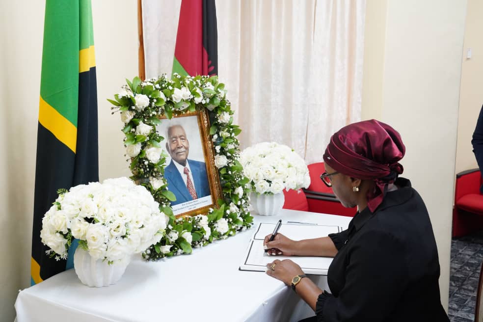 Hon. Nancy Tembo, MP, Malawi Minister of Foreign Affairs, signing in the condolence book opened in honour of His Excellency Ali Hassan Mwinyi, former President of the United Republic of Tanzania, at the Tanzanian High Commission in Lilongwe, on 7th March, 2024. MHSRIP