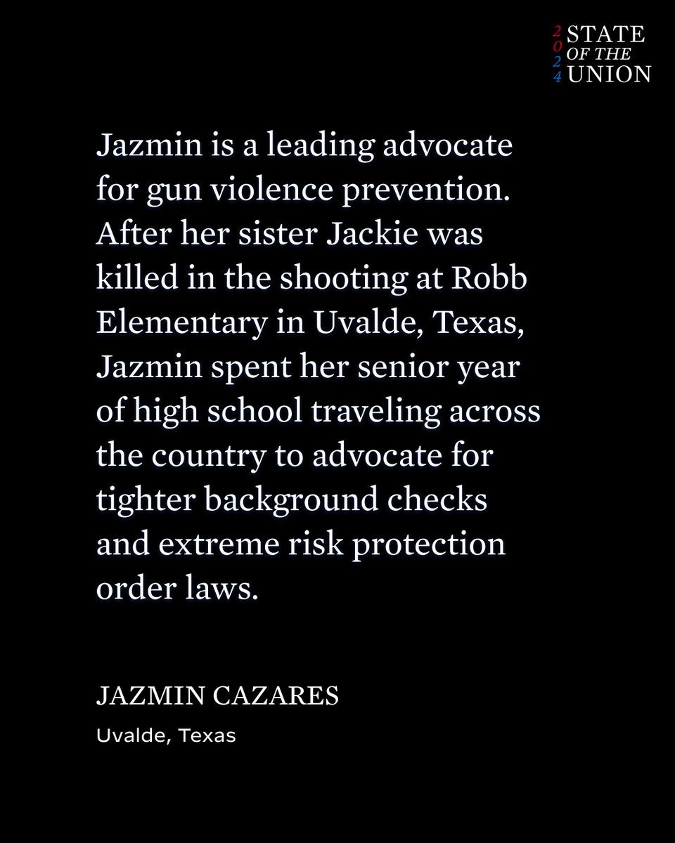 Tonight the First Lady was joined by Jazmin whose little sister Jackie was murdered at her school in Uvalde, Texas. I took action for families like theirs, signing the most significant gun safety law in 30 years. And I'm not done taking on the NRA, and winning.