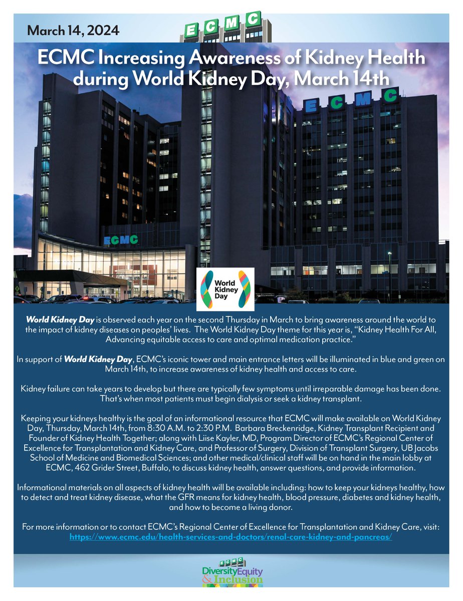 National Kidney Month illuminates the ongoing need for transplants— and ECMC is renown in the region for these services at its Regional Center of Excellence for Transplantation and Kidney Care. Learn more about our expertise at ecmc.edu/health-service….