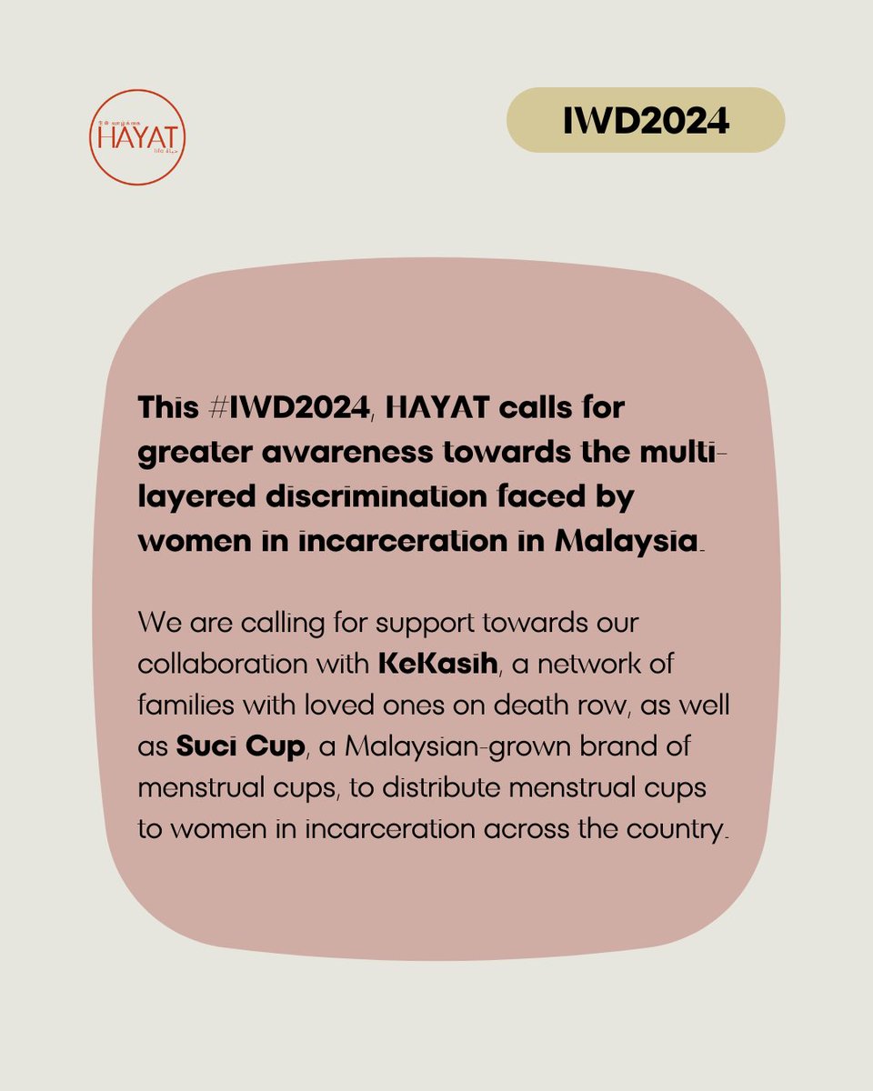 hayatlifemy's tweet photo. Period poverty also has a disproportionate impact on women in incarceration. 

This #InternationalWomensDay2024, HAYAT calls for more visibility and support accorded to not only women on death row, but also incarcerated women at large. 

Ignored no more. https://t.co/DhANfucatu