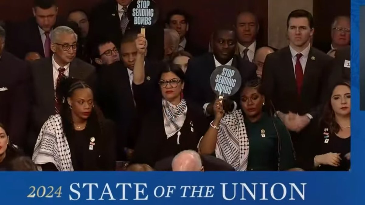 Rashida Tlaib and Cori Bush holding ‘stop sending bombs’ signs as Biden talks Israel