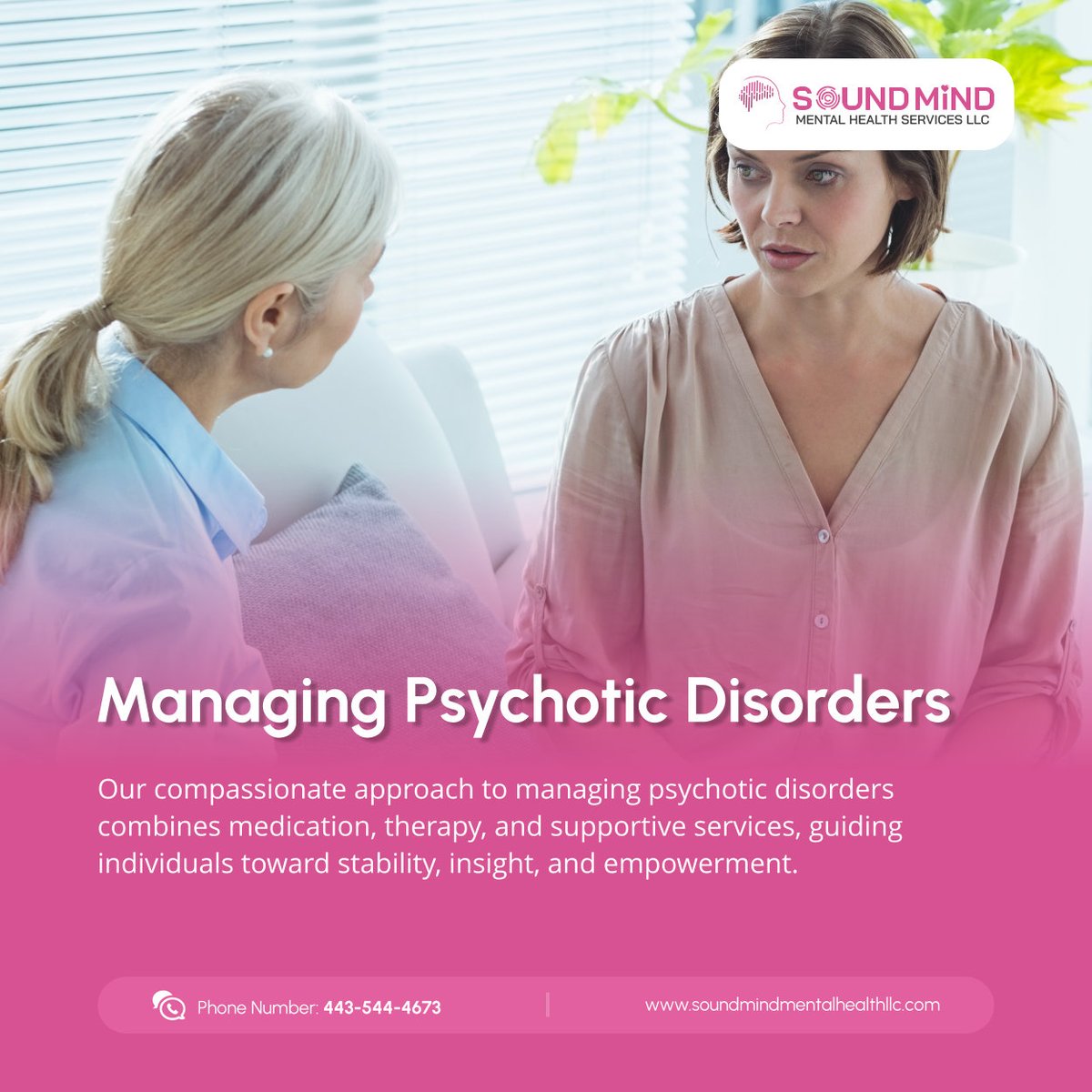 Embrace stability and empowerment on your journey with psychotic disorders, supported by our compassionate team and comprehensive approach to care. 

#MentalHealthCare #BehavioralHealthCare #Maryland #WashingtonDC #MentalHealthMatters #PsychoticDisorders