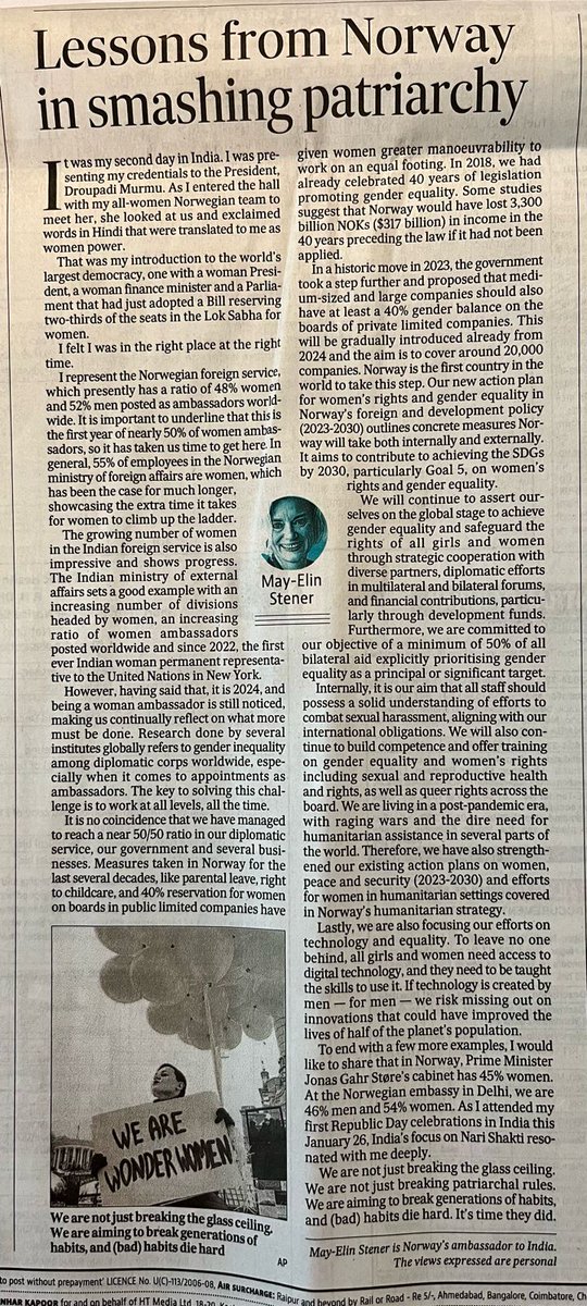 Ambassador May-Elin Stener (@norwayambindia) on Twitter photo This #InternationalWomensDay I highlight in <a href="/htTweets/">Hindustan Times</a> Norway's efforts towards a #GenderEqual world and working at all levels, all the time to #smashpatriarchy.
#HappyWomensDay to all women & men who have contributed!
<a href="/MEAIndia/">Randhir Jaiswal</a> <a href="/DrSJaishankar/">Dr. S. Jaishankar</a> <a href="/M_Lekhi/">Meenakashi Lekhi</a> <a href="/smritiirani/">Smriti Z Irani</a> <a href="/NorwayMFA/">Norway MFA</a> This #InternationalWomensDay I highlight in <a href="/htTweets/">Hindustan Times</a> Norway's efforts towards a #GenderEqual world and working at all levels, all the time to #smashpatriarchy.
#HappyWomensDay to all women & men who have contributed!
<a href="/MEAIndia/">Randhir Jaiswal</a> <a href="/DrSJaishankar/">Dr. S. Jaishankar</a> <a href="/M_Lekhi/">Meenakashi Lekhi</a> <a href="/smritiirani/">Smriti Z Irani</a> <a href="/NorwayMFA/">Norway MFA</a>
