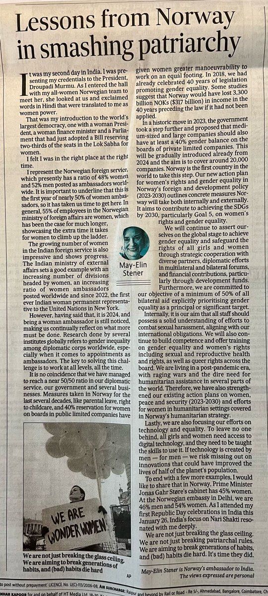 This #InternationalWomensDay I highlight in @htTweets Norway's efforts towards a #GenderEqual world and working at all levels, all the time to #smashpatriarchy.

#HappyWomensDay to all women & men who have contributed!

@MEAIndia @DrSJaishankar @M_Lekhi @smritiirani @NorwayMFA