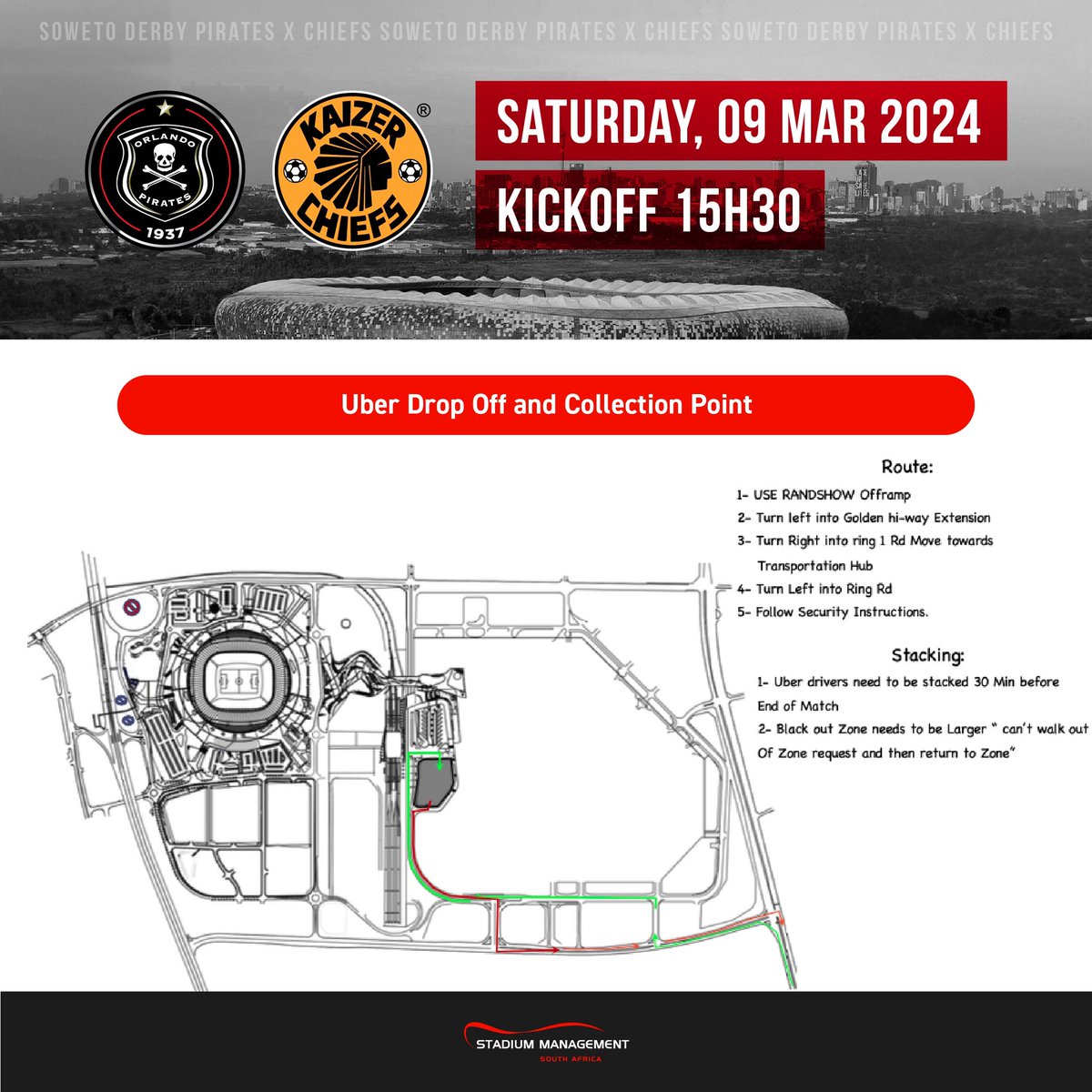 E-hailing to the Soweto Derby at FNB Stadium this Saturday? Be sure to take note of updated drop off & pick up points in the transport hub. Gates open 11:30 for the 15:30 kick-off. Arrive early and travel safely! #SMSA #FNBStadium #SowetoDerby #DStvPrem