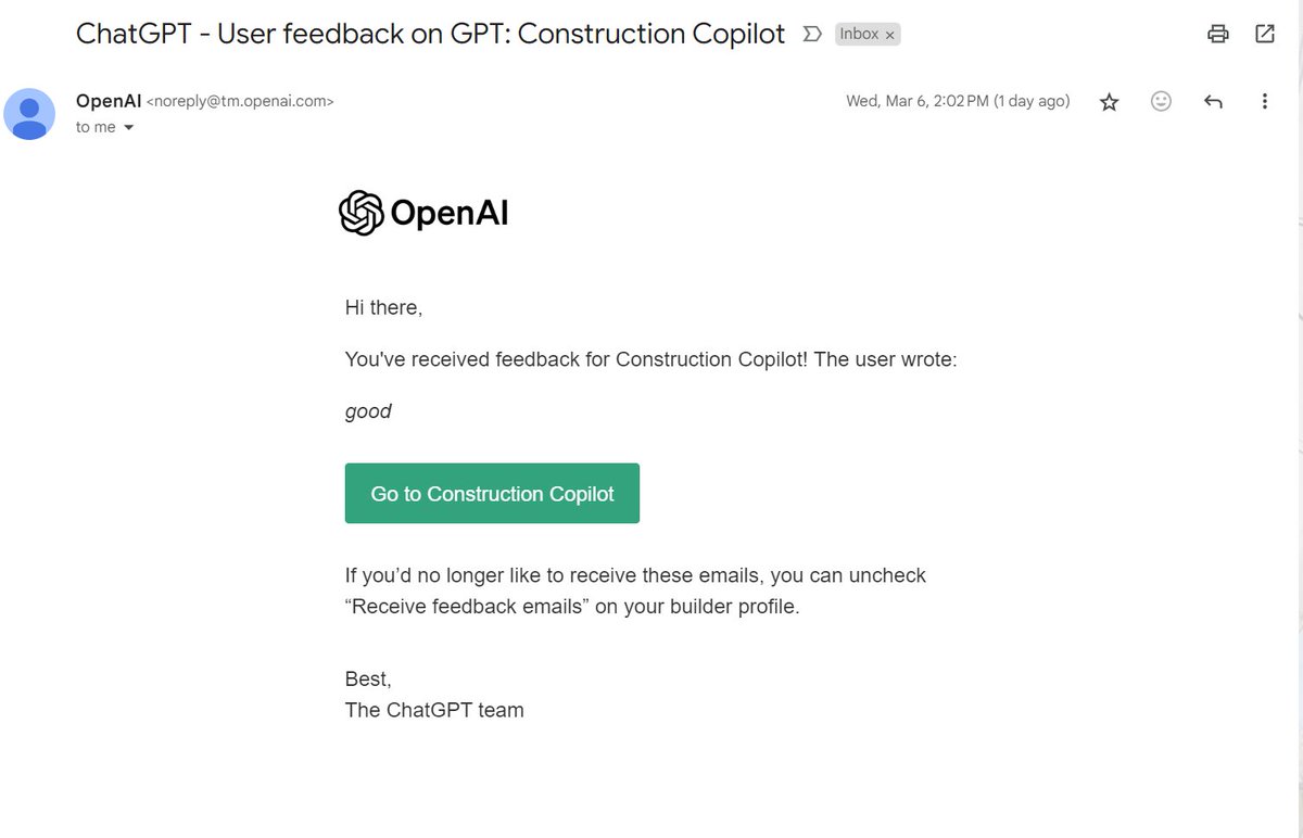Joey_Duren's tweet photo. I didn't even know GPTs got reviews.

Glad someone out there is enjoying Construction Copilot.

https://t.co/EFiTDVTWAm https://t.co/m0Gw0uH3e0