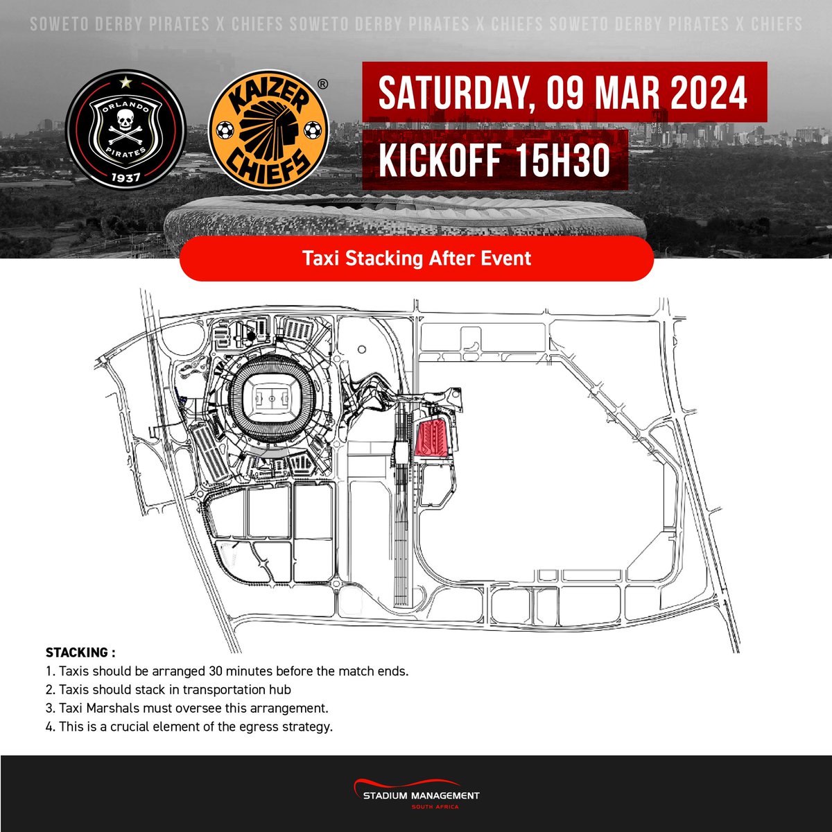 Travelling by taxi to the Soweto Derby at FNB Stadium tomorrow? Be sure to take note of where taxi drop off & stacking after the event occurs. Gets open 11:30 for the 15:30 kick-off. Arrive early & travel safely! #smsa #fnbstadium #sowetoderby #dstvpremiership