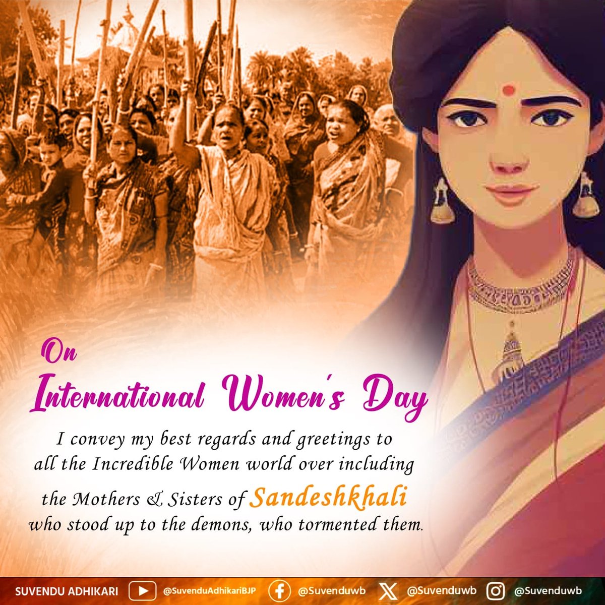 SuvenduWB's tweet photo. On International Women's Day, I convey my best regards and greetings to all the Incredible Women around the World, including the Durgas & Lakshmis of Sandeshkhali, who stood up to the demons and defeated them. Your fight back has certainly inspired millions and made the world a better place than before.

Unfortunately, Mamata Banerjee, a Women herself, allowed this nefarious act to go on for political dividends. For her Sheikh Shahjahan is more important than the dignity of the ladies. 

#Justice4Sandeshkhali