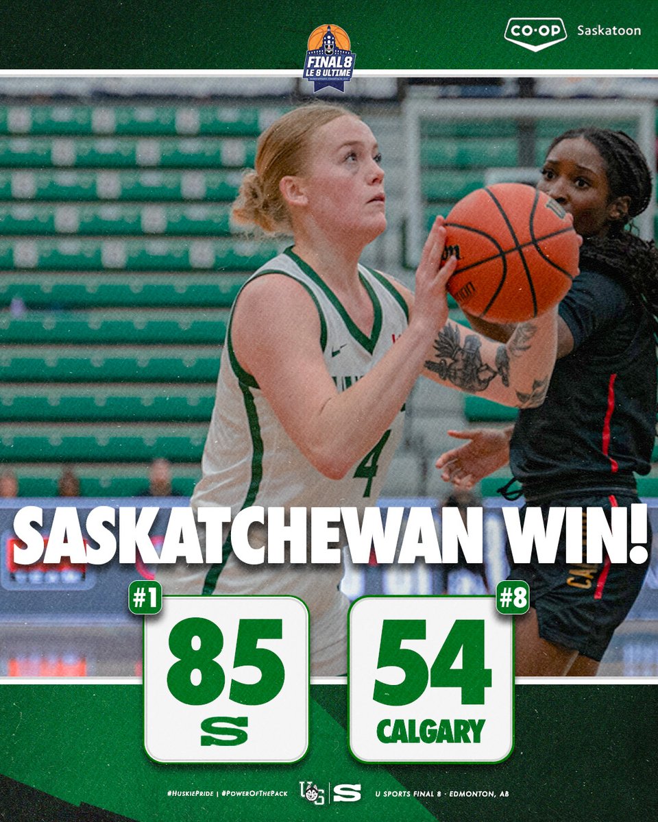 Next Stop ➡️ Semifinals The Huskies beat the Dinos in the opening round of the U Sports Final 8 and advance to the semifinal game on Saturday! Gage Grassick finished with 19 PTS, 8 REB and 7 STL. Carly Ahlstrom added 14 PTS and 5 STL in the win. #HuskiePride | #PowerOfThePack