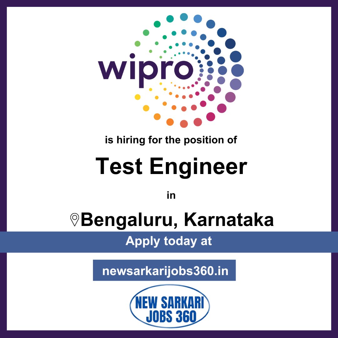 Ready to revolutionize tech in Bengaluru? Wipro is hiring Test Engineers to ensure the quality and reliability of our innovative solutions. If you're passionate about software testing, apply now and join our team! #Wipro #TestEngineer #Bengaluru #bengalurujobs