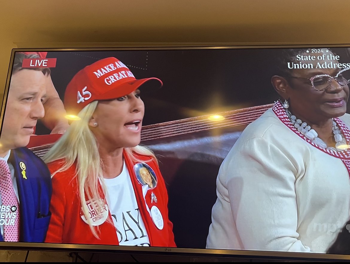 Between Majorie Taylor Greene wearing this ridiculous outfit, Speaker Mike Johnson looking like he could barely tolerate sitting in his seat, and the other Republican that got kicked out during the speech, Republicans prove time again how classless they are smh.#StateOfTheUnion