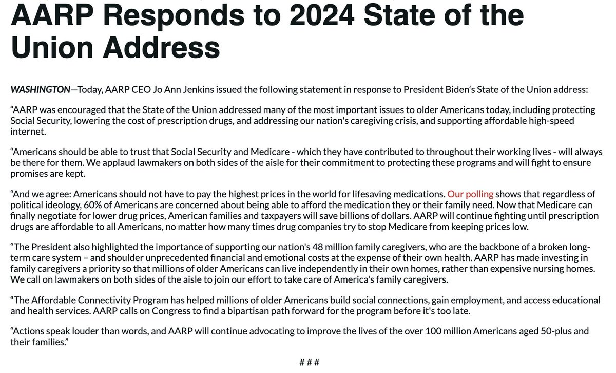 AARP stands firm in our commitment to fight for the issues that matter most to older Americans. Read our full statement on tonight's #StateOfTheUnion Address: spr.ly/6018XxEaQ #SOTU