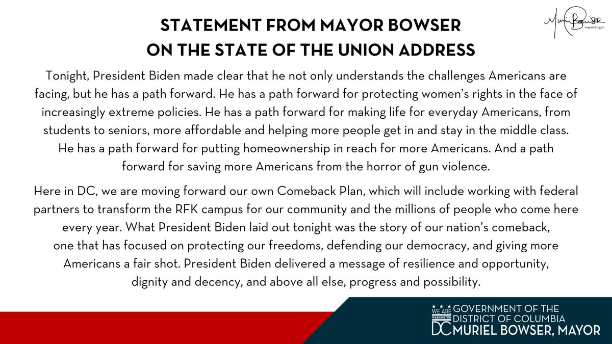 MayorBowser's tweet photo. Following President Joseph R. Biden’s State of the Union address, Mayor Muriel Bowser issued the following statement: https://t.co/mJ5mQXMeVA