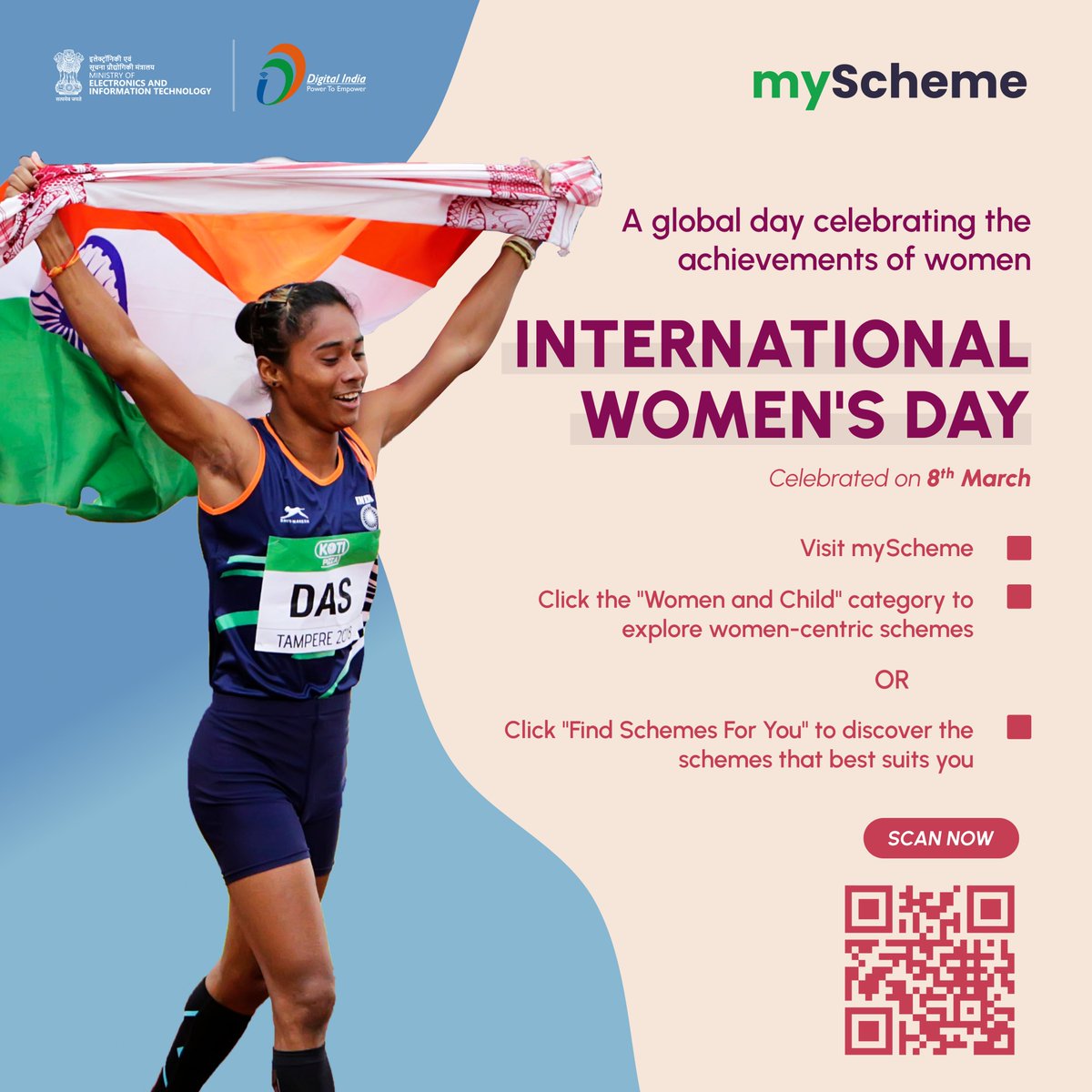 Happy International Women's Day! Visit: myscheme.gov.in Click the 'Women and Child' category to explore women-centric schemes. OR Click 'Find Schemes For You' to discover the schemes that best suit you. #myScheme #schemesforyou #WomensDay #IWD2024 #DigitalIndia #women