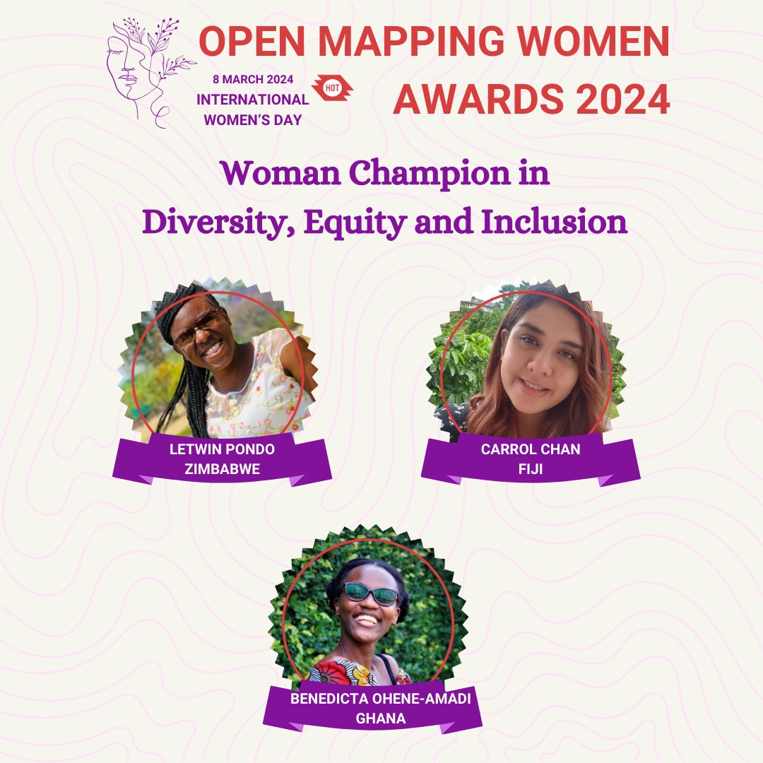 hotosm's tweet image. Happy #InternationalWomensDay! 💜
Today, we honor and recognize women who #inspireinclusion in #openmapping & #OpenStreetMap thru the #OpenMappingWomenAwards2024!
🥇category: Woman Champion in Diversity, Equity and Inclusion 🗺
Build maps, create inclusive spaces. ✊#IWD2024