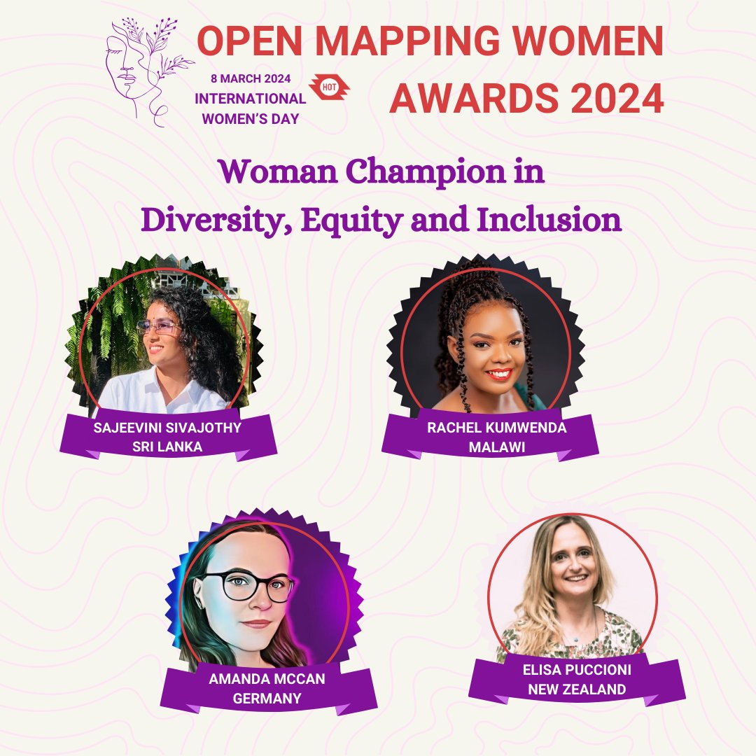 hotosm's tweet image. Happy #InternationalWomensDay! 💜
Today, we honor and recognize women who #inspireinclusion in #openmapping & #OpenStreetMap thru the #OpenMappingWomenAwards2024!
🥇category: Woman Champion in Diversity, Equity and Inclusion 🗺
Build maps, create inclusive spaces. ✊#IWD2024