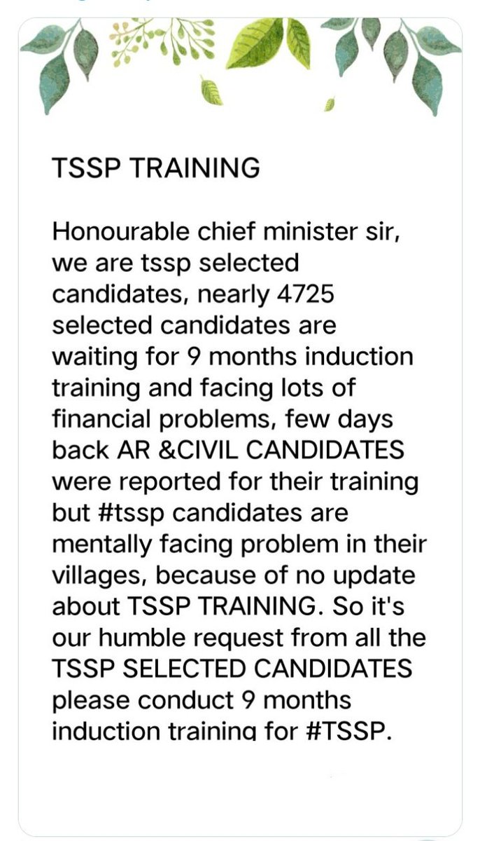 BandiLokes47520's tweet photo. Sir please send #tssp selected candidates to #traning 🙏 
@revanth_anumula 
@TelanganaCMO 
@VenkatBalmoor 
@TelanganaDGP 
@abhilasha_bisht https://t.co/eW3cuCvNtg
