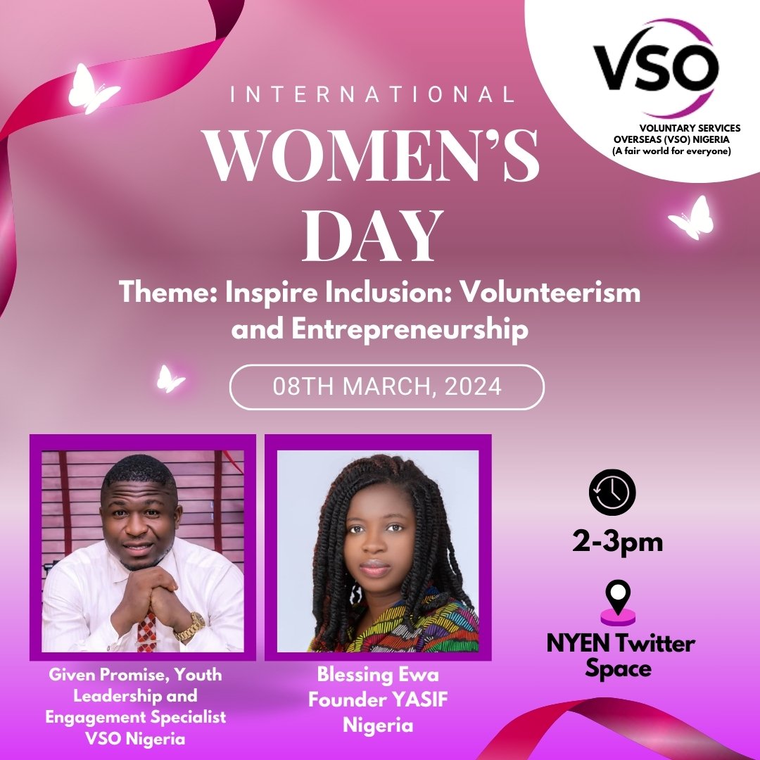 Join me on X space as we discuss on the theme: Inspire Inclusion; Volunteering and Entrepreneurship. In commemoration of the International Women's Day 2024.