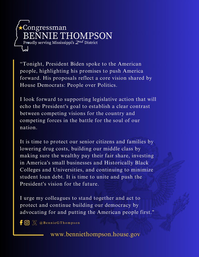 Rep. Bennie G. Thompson (@benniegthompson) on Twitter photo My statement on President Joe Biden’s (<a href="/POTUS/">President Donald J. Trump</a>) #SOTU2024 Address: My statement on President Joe Biden’s (<a href="/POTUS/">President Donald J. Trump</a>) #SOTU2024 Address: