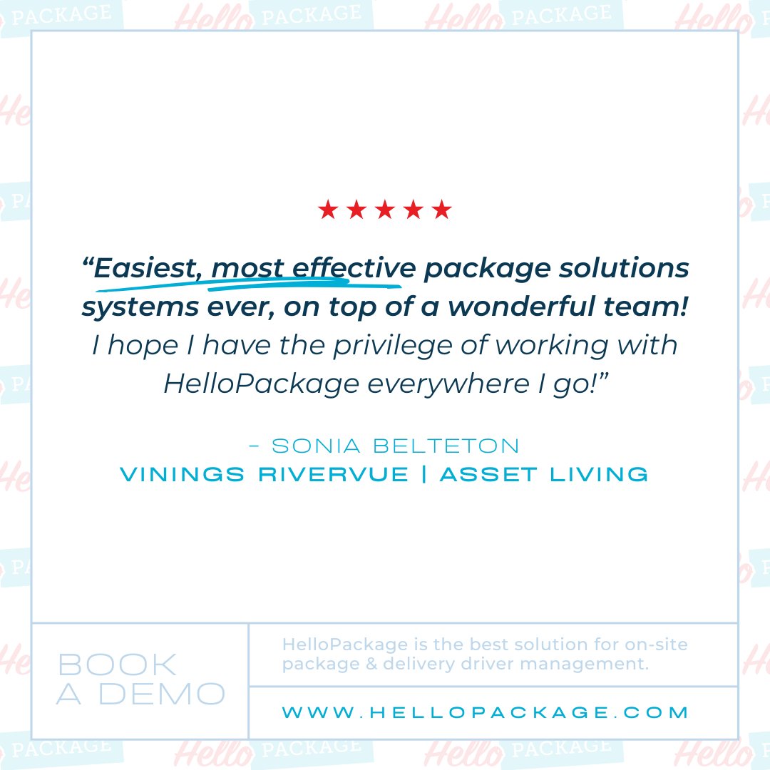 At #HelloPackage, we're setting the gold standard in #efficiency and effectiveness! With a stellar team behind us, we've redefined #package solutions 🌟👏🥇 

#PackageSolutions #DeliverySolutions #Multifamily #MultifamilyIndustry #CustomerTestimonial #ClientLove #HappyClients