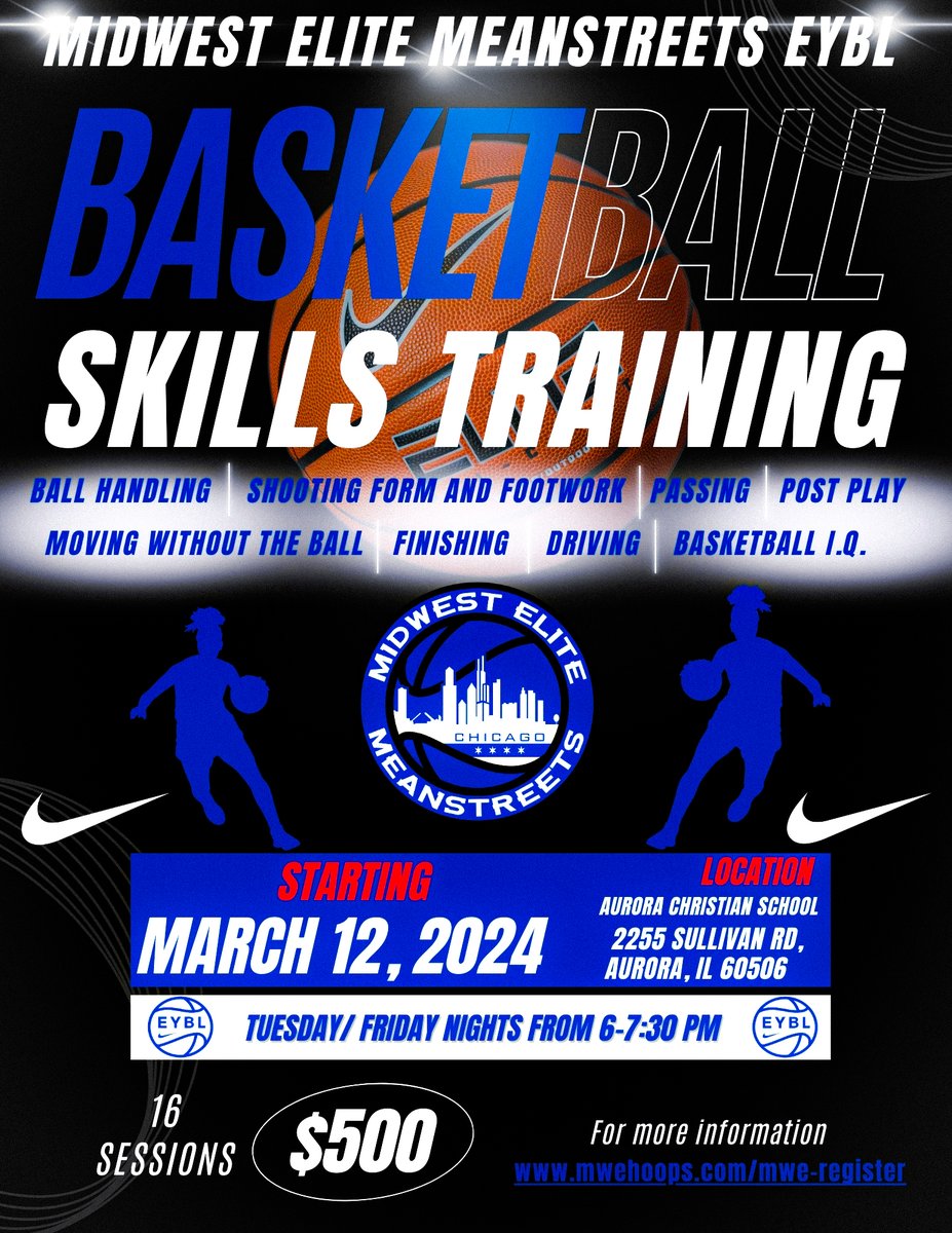 Take your game to the next level with Midwest Elite Meanstreets EYBL! 🏀 Join us starting March 12 for top-tier basketball skills training. Elevate your dribbling, shooting, and basketball IQ every Tuesday and Friday night. Don't miss out on becoming the best on the court!