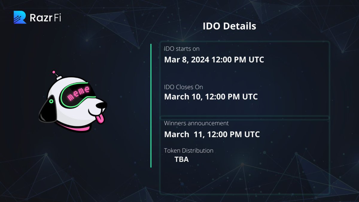 Get ready for the @memebot_ai #IDO on #RazrFi 🔥 Memebot.ai is your AI meme companion for crypto fun! 🤖 📅March 8, 12 PM UTC 📍Bookmark: razrfi.ai/projects/mbot 🔓25% on TGE, 3 mnth 🚀IMC: $25k 💣#IDO price same as seed round price with better vesting