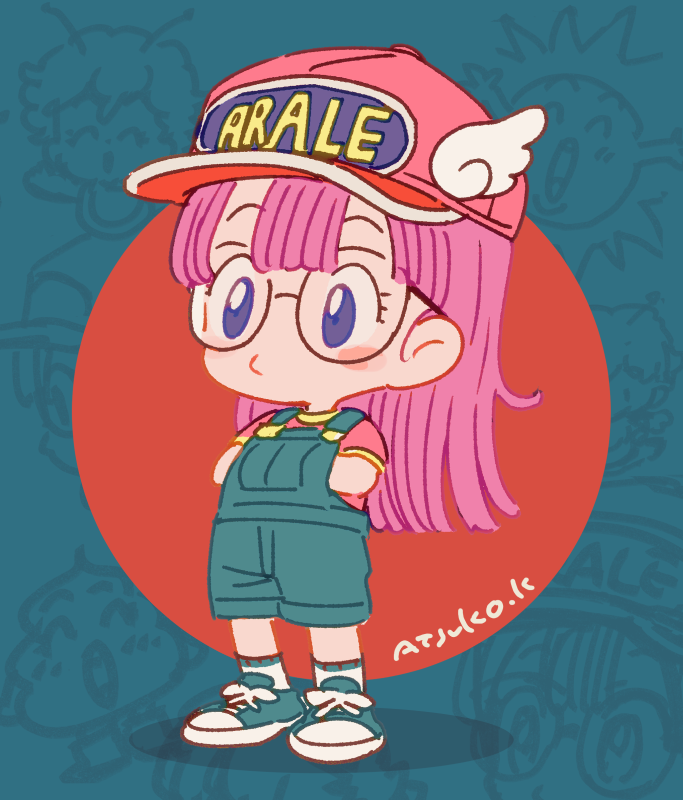 winged hat hat 1girl overalls glasses pink hair baseball cap  illustration images