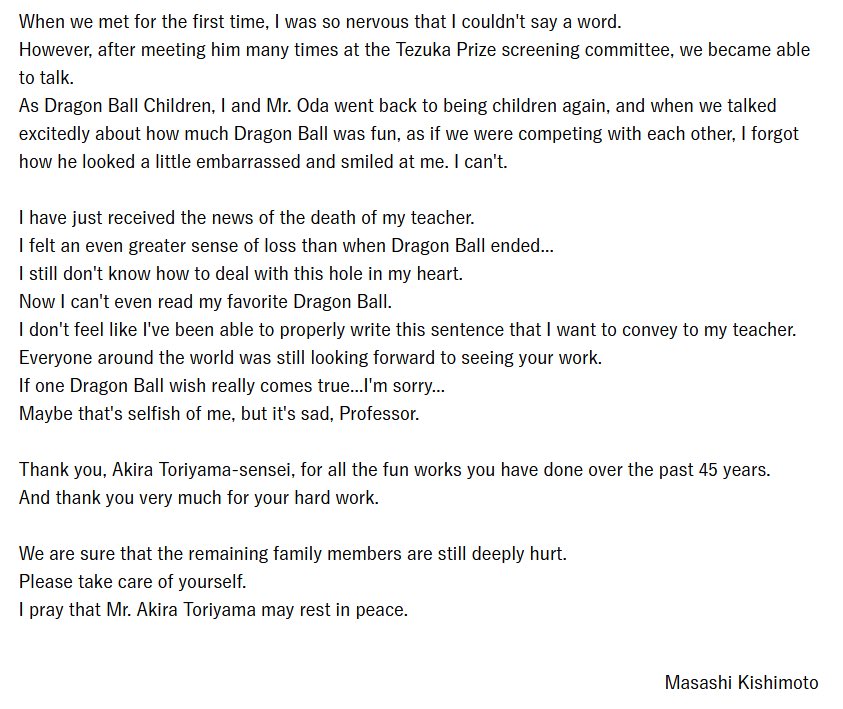 Masashi Kishimoto’s response to Akira toriyama’s death… I’m actually crying man fuck