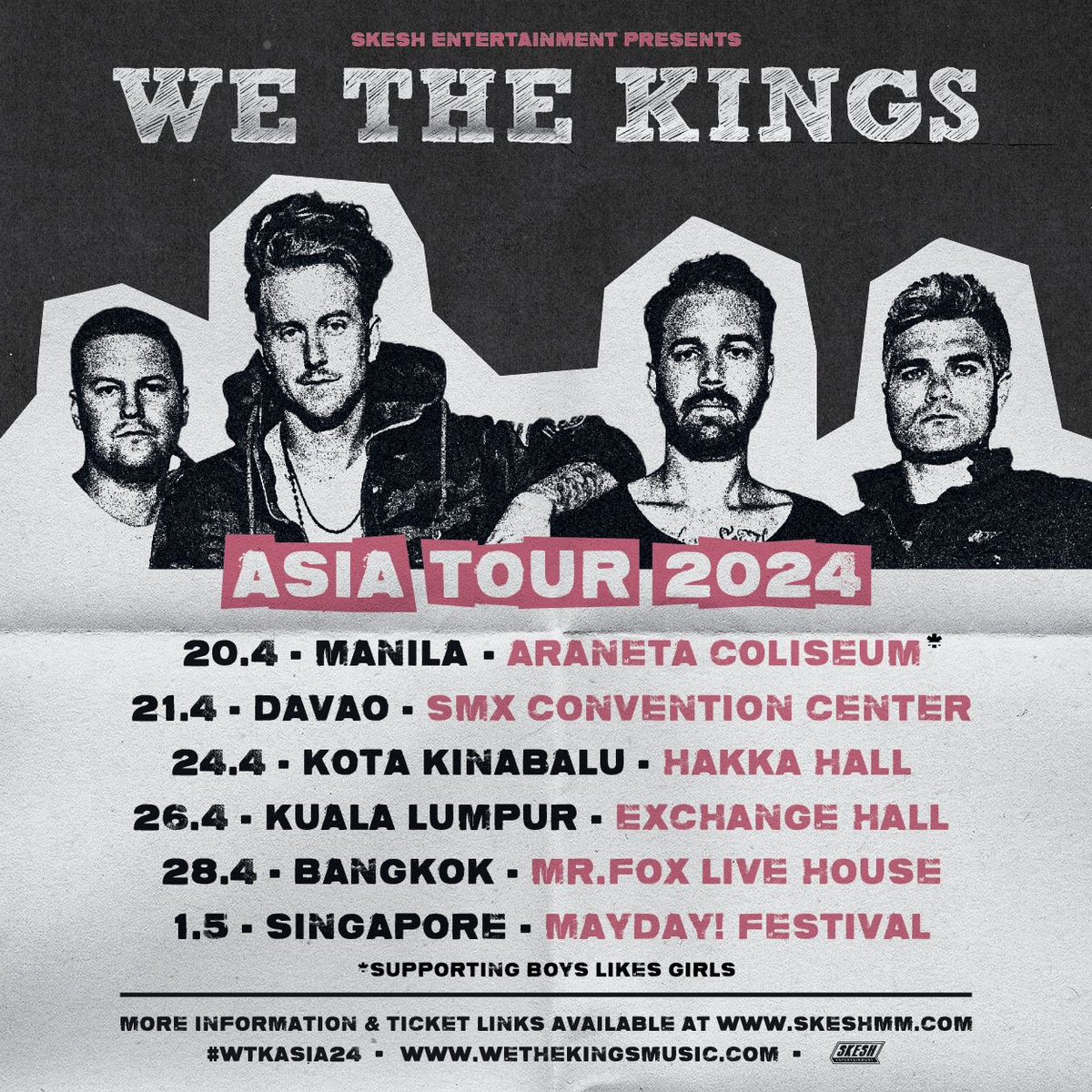WE THE KINGS ASIA TOUR 2024 📍 20 April 2024, Manila 🇵🇭 📍 21 April 2024, Davao 🇵🇭 📍 24 April 2024, Kota Kinabalu 🇲🇾 📍 26 April 2024, Kuala Lumpur 🇲🇾 📍 28 April 2024, Bangkok 🇹🇭 📍1 May 2024, Singapore 🇸🇬 @WeTheKings 👑