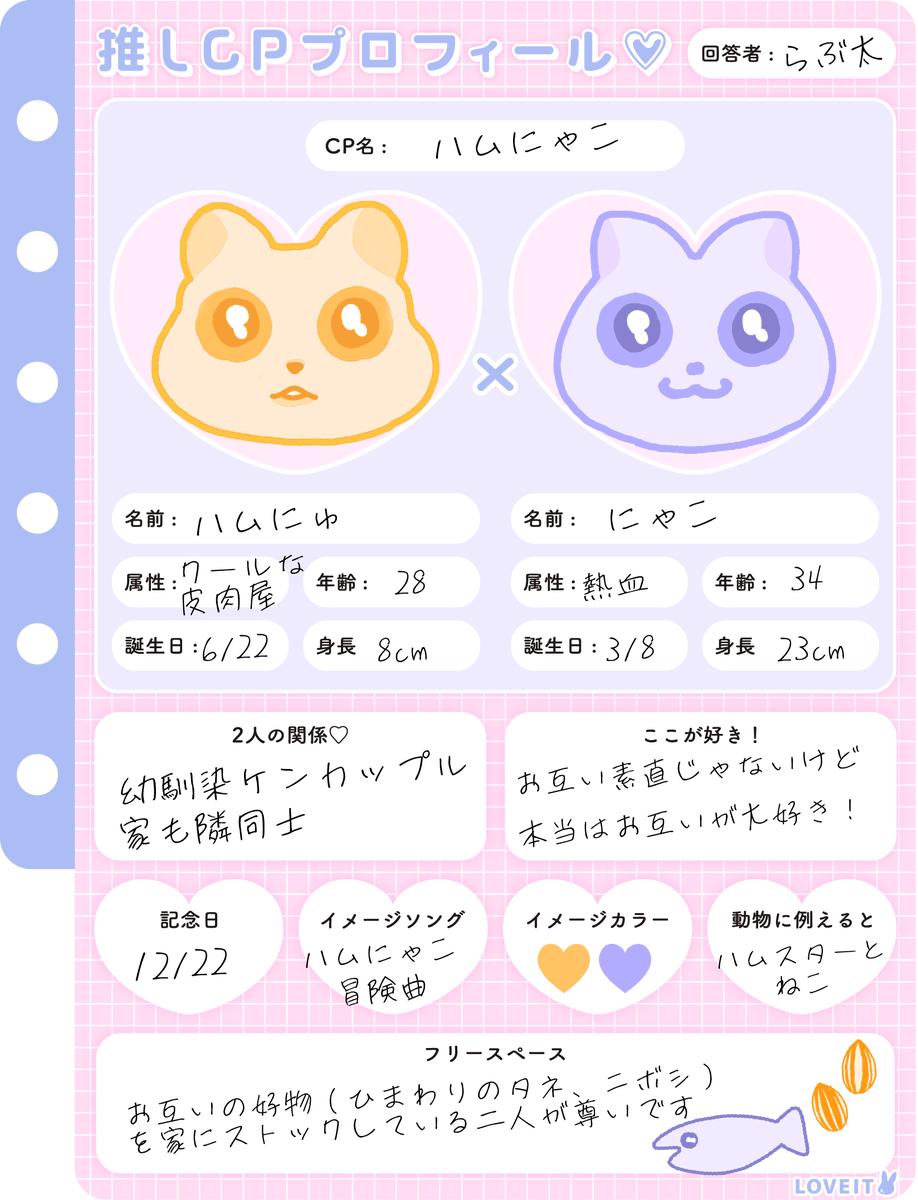 フリー素材】推しCP紹介シート💕 プロフィール帳テイストの「推しカプ