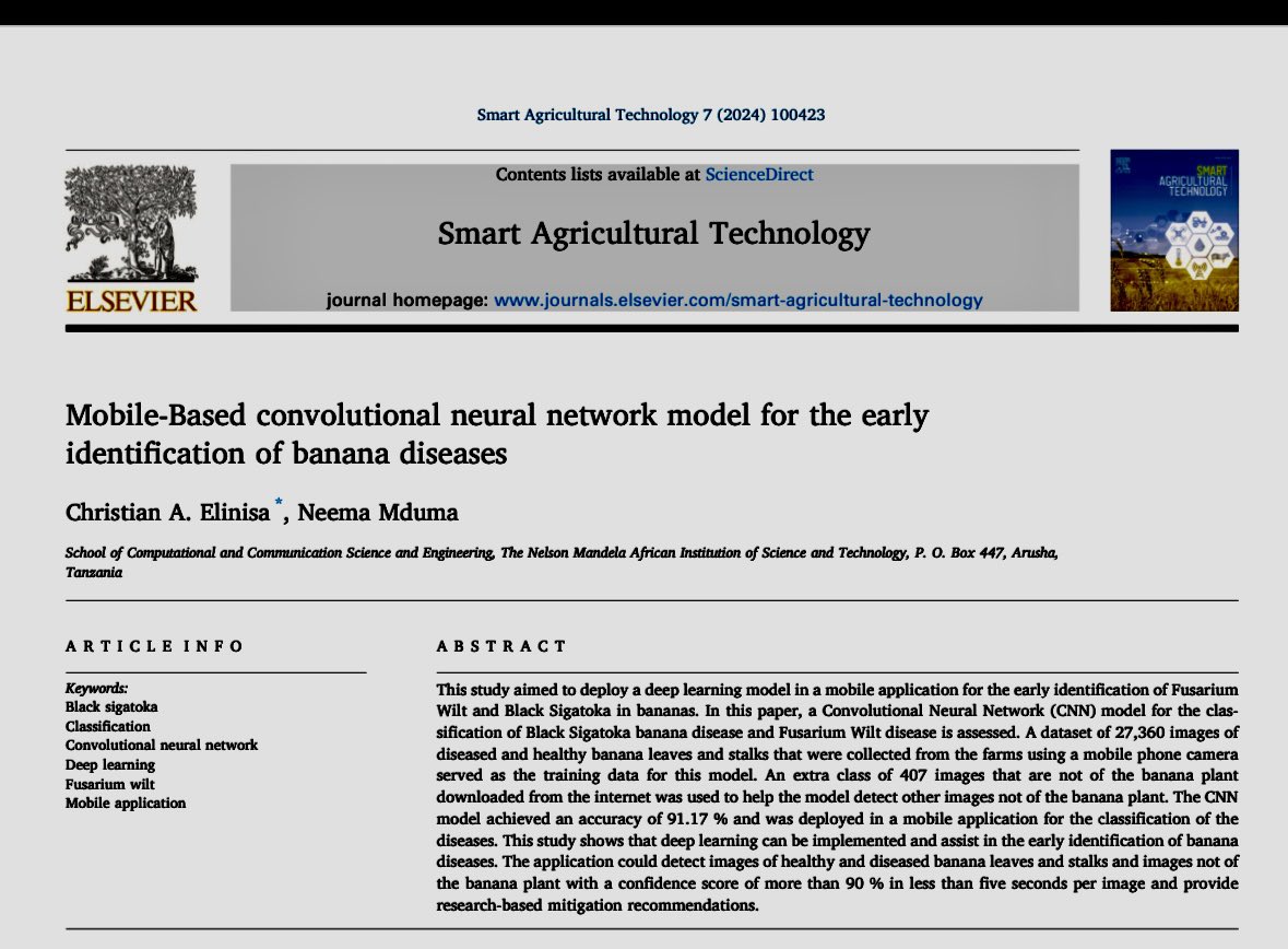 Our paper titled 'Mobile-based Convolutional Neural Network Model for the Early Identification of Banana Diseases' has been published in the Journal of Smart Agricultural Technology. We acknowledge the support from the @ACTSNET Link: sciencedirect.com/science/articl…