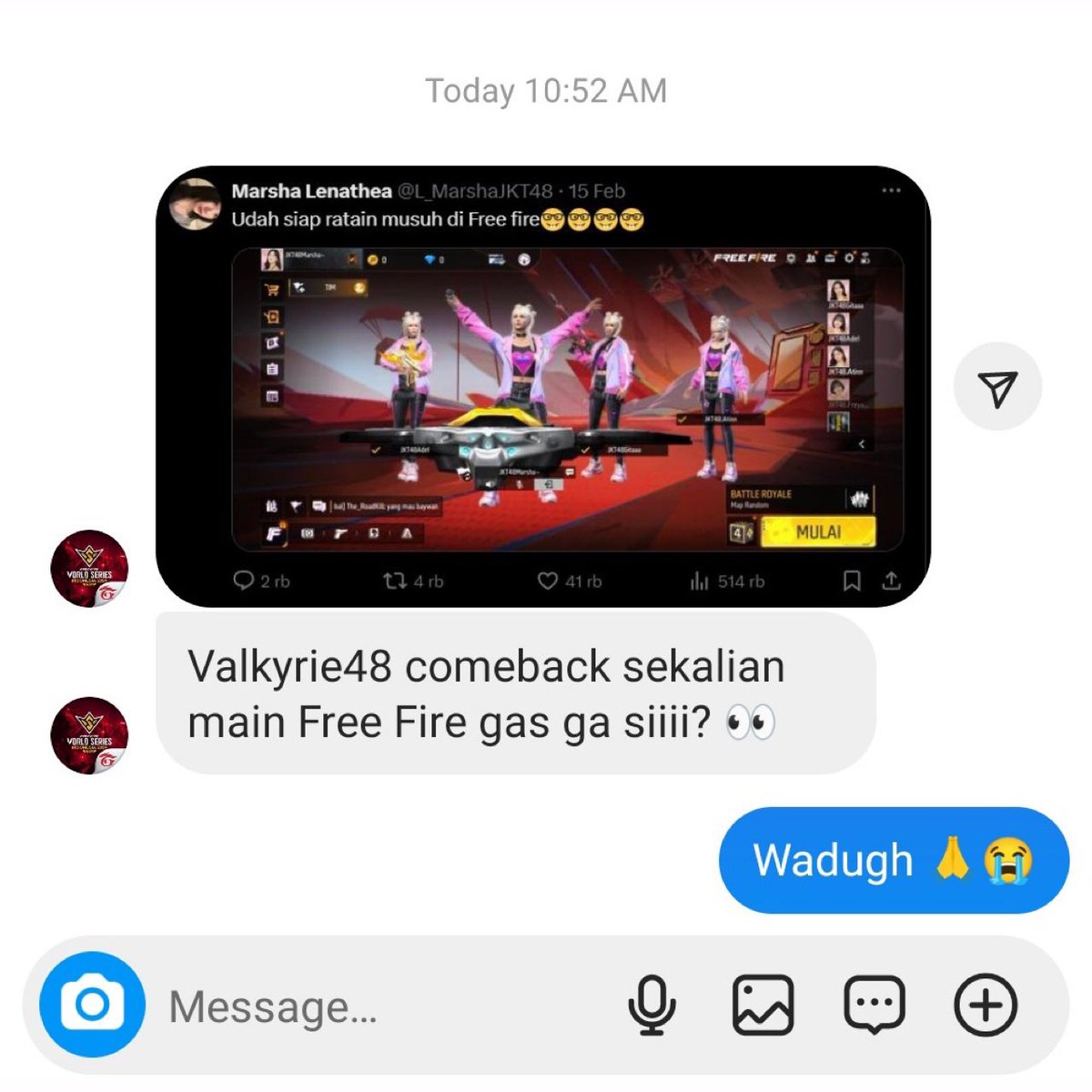 L_MarshaJKT48's tweet photo. Kagett bangett di dm gini ama admin epep😭😭🙏🏻😳 https://t.co/hUemyDs3YT