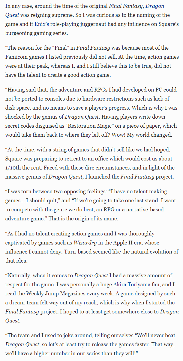 CouchPotato232's tweet photo. In an interview with Forbes, Hironobu Sakaguchi talked about how the success of the original Dragon Quest and his respect for Akira Toriyama inspired them to make the original Final Fantasy. Without Toriyama, there'd be no Final Fantasy. https://t.co/05AF0QdH9g