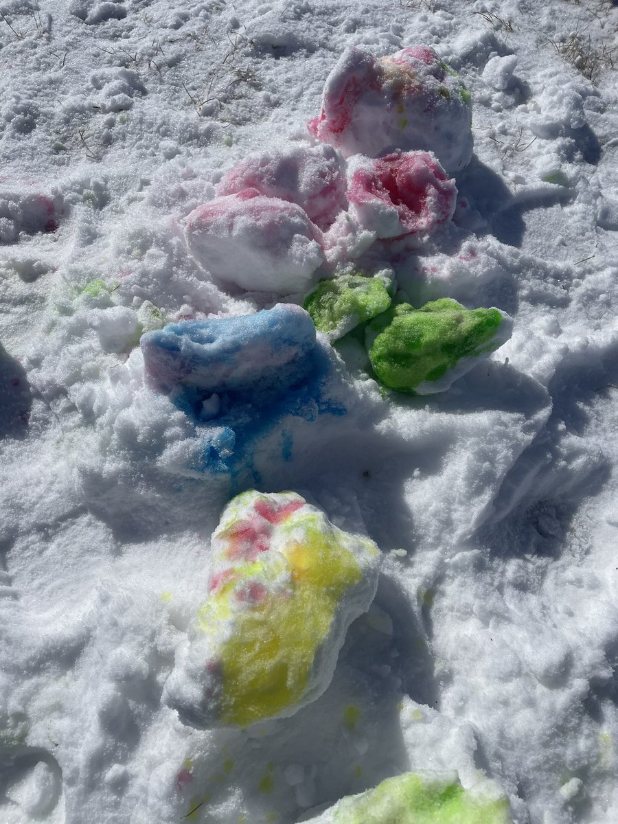 Weescientists's tweet photo. What a beautiful day for some snow art! We started looking at colour mixing today and we made orange, purple, and green. #takemeoutside @cbe_earlylearn #WeAreCBE @JSMelementary https://t.co/ePTFiPO0xU