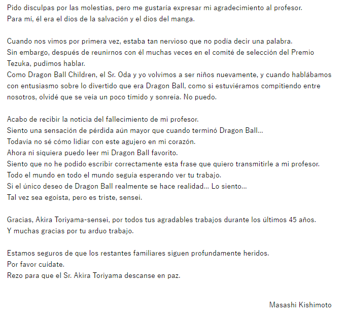 Mensaje del autor Oda (One Piece) y Masashi Kishimoto (Naruto) luego del fallecimiento de Akira Toriyama
Me parte el alma...
