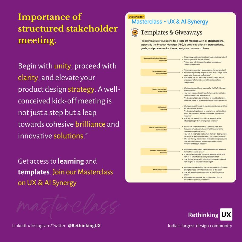 Join RethinkingUX's #MasterClass: Elevating Product Design with AI-UX Synergy. Kickstart your product design strategy with unity &amp; clarity.

Start date: March 16
Online: 2 hrs, 7-9 pm (IST), 6 weeks, Sat(2 hrs) Sun(2 hrs)

Commitment fee: INR 12,999 Only
buff.ly/4c0js94