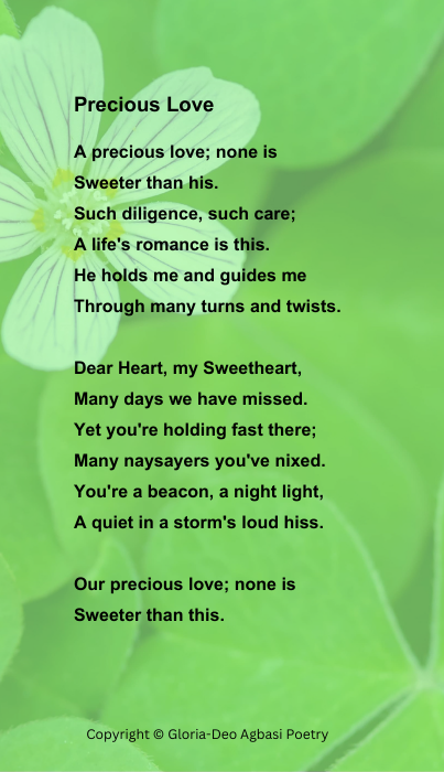 GloriaDeoAgbasi's tweet photo. This evening, I am so grateful for love ☘️ and love poems ❤️🌹! So much so that I am reading my Precious Love ❤️🌹 poem. Hope you enjoy the read! 🫶
Precious Love
A precious love; none is
Sweeter than his
Such diligence, such care;
A life's romance is this.
#poetrybreak! 🥰 https://t.co/b8LnZ6rqbp