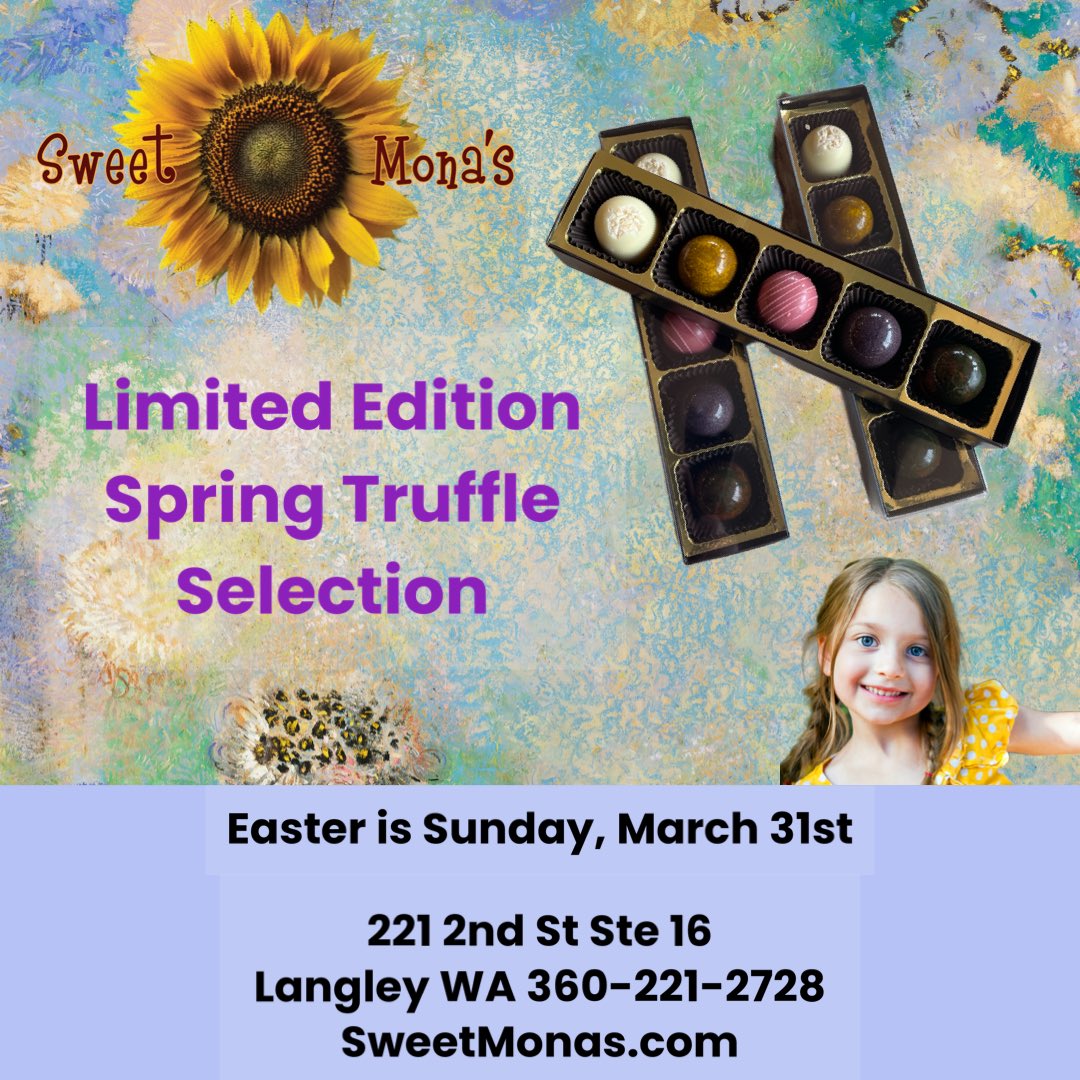 sweetmonas's tweet photo. Limited Edition Truffle Selection includes coconut, banana caramel, Ruby pomberry, blackberry vanilla, and mango. A flavorful fruity and fun gift. 

#sweetmonaschocolates
#sweetmonaschocolate
#southwhidbeytreats
#southwhidbey
#langleywa
#chocolates
#truffles
#easter
#spring https://t.co/bZcvouU2PT