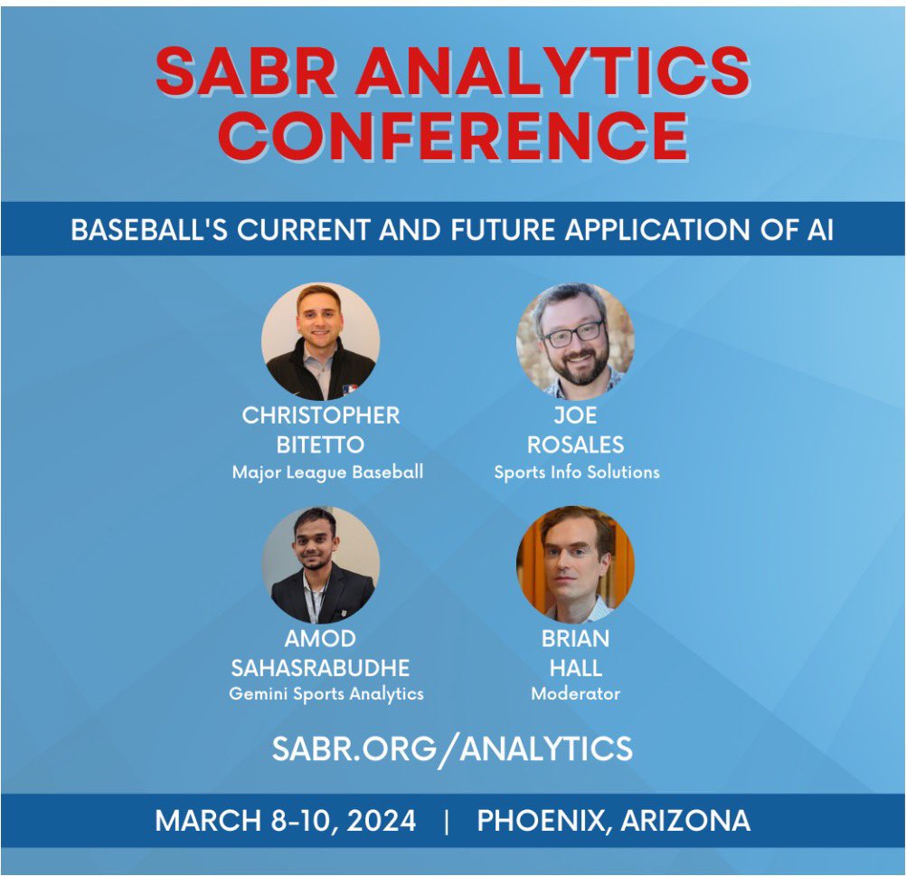 🚨This weekend! March 9 @ 1:30pm MST, the Founder of AlphaPlay, Brian Hall, will be moderating “Baseball’s Current and Future Application of AI” panel at the @sabr Analytics Conference in Phoenix, AZ!⚾️🌵🏜️ Info. can be found at sabr.org/analytics/sche… Can’t wait! #SABRAnalytics