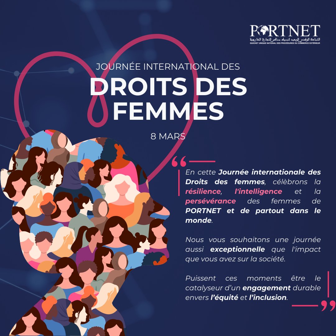PORTNET S.A. (@portnetsa) on Twitter photo "En cette Journée Internationale des #DroitsdesFemmes, <a href="/PORTNETSA/">PORTNET S.A.</a> célèbre la résilience, l'intelligence et la persévérance des femmes de PORTNET et celles du monde entier.
#JournéeInternationaledesDroitsdesFemmes #Inclusion #Équité #Portnet "En cette Journée Internationale des #DroitsdesFemmes, <a href="/PORTNETSA/">PORTNET S.A.</a> célèbre la résilience, l'intelligence et la persévérance des femmes de PORTNET et celles du monde entier.
#JournéeInternationaledesDroitsdesFemmes #Inclusion #Équité #Portnet