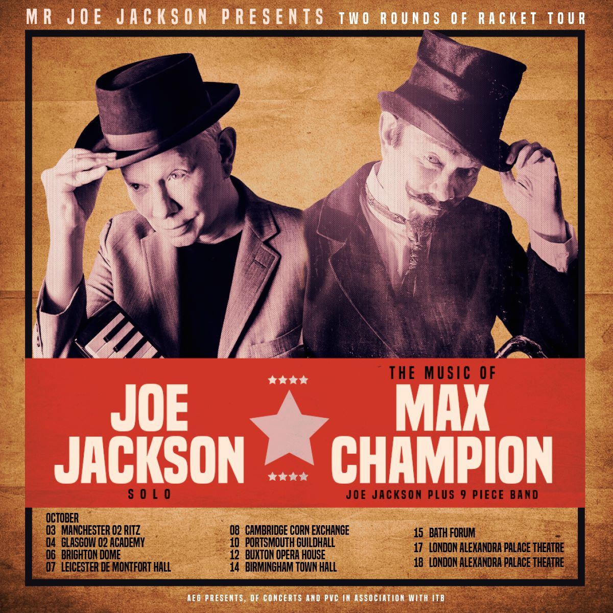 Joe Jackson is bringing 'The Two Round of Racket' tour to the UK in October, featuring a solo set by Joe Jackson and a set inspired by the songs of forgotten Music Hall genius Max Champion. 🎟️Tickets on sale 10:00, Fri 15 Mar >> bit.ly/4a4jivK @joejacksonmusic